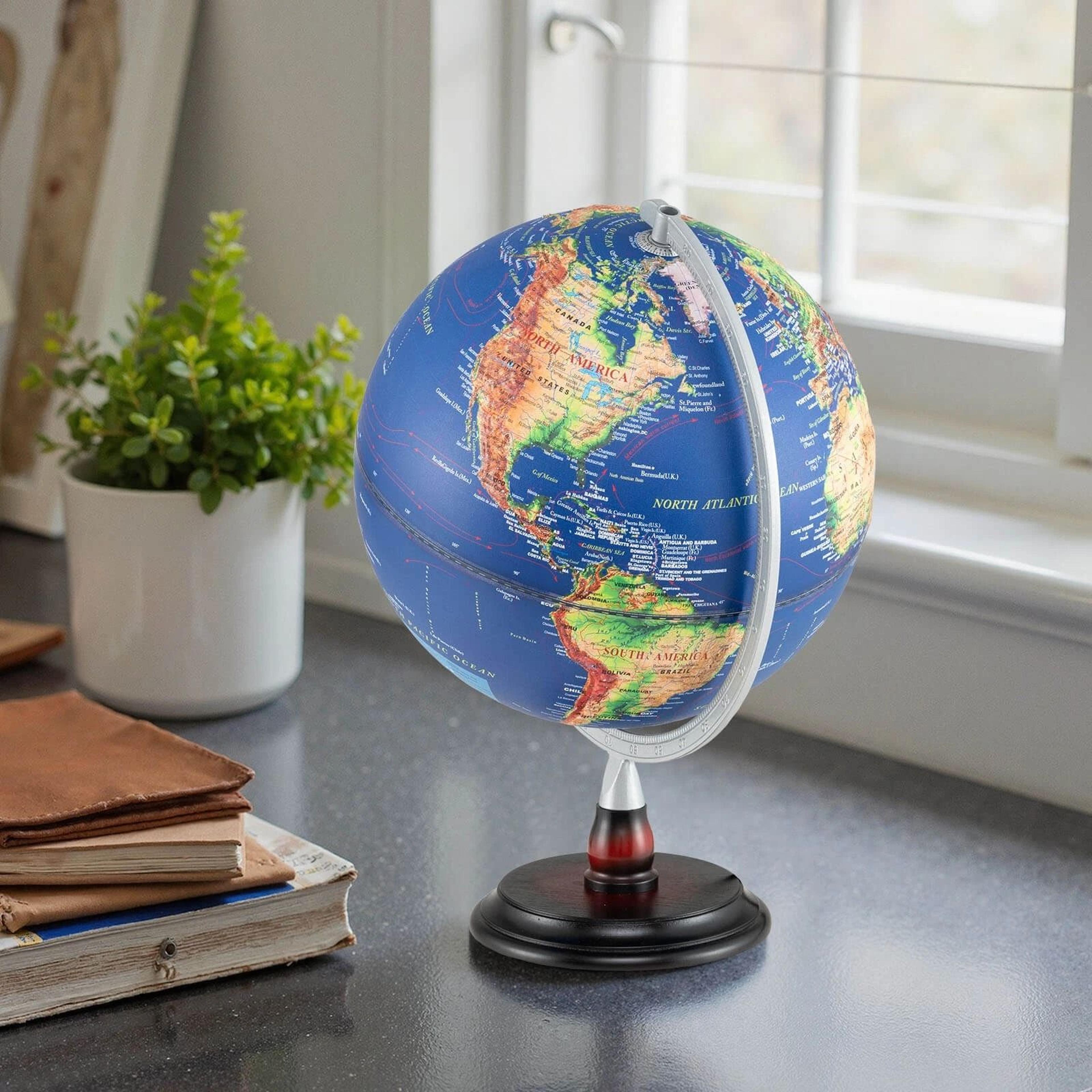 illuminated world globe with raised relief & led lights, time zone, non slip base