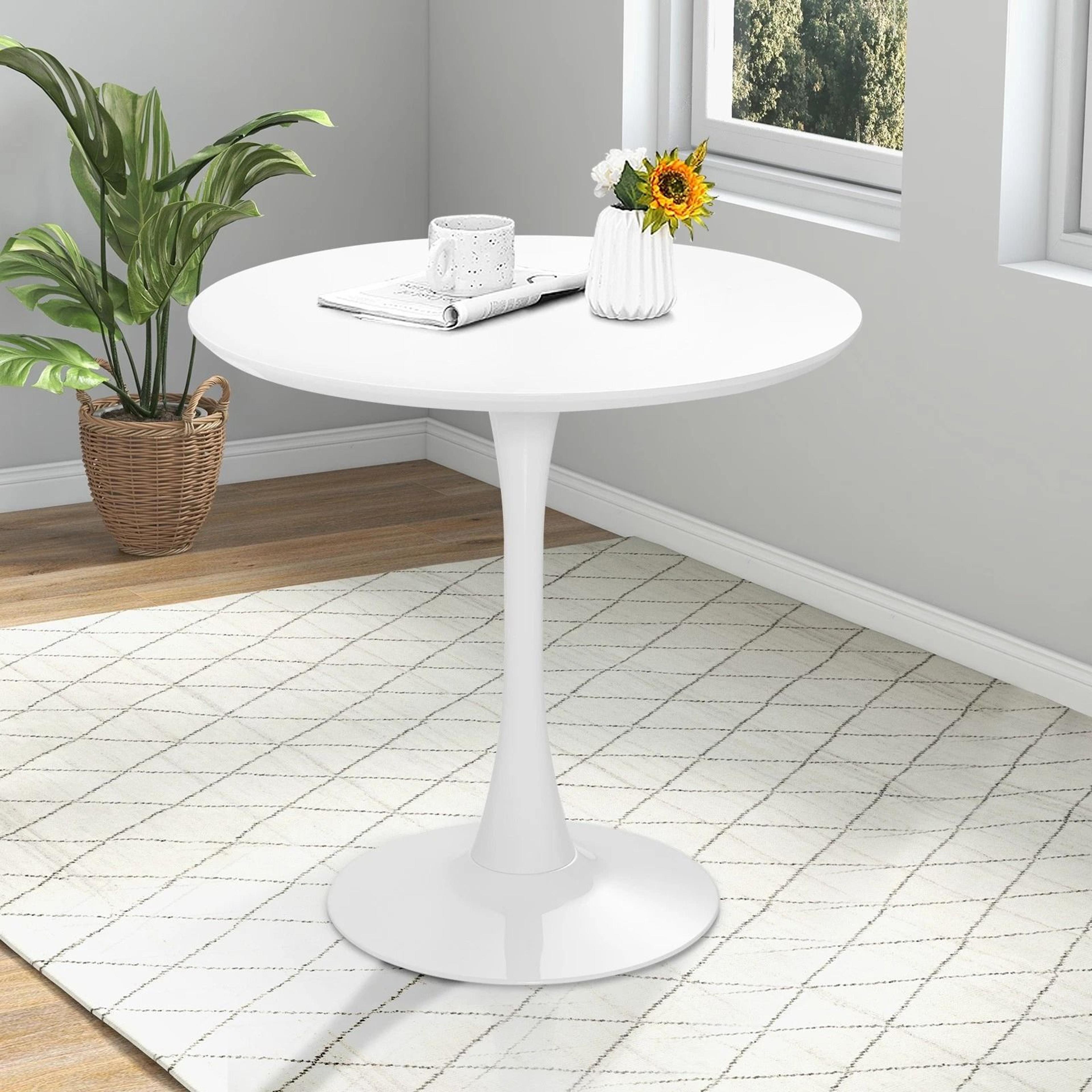 modern tulip dining table with white mdf top & metal pedestal base