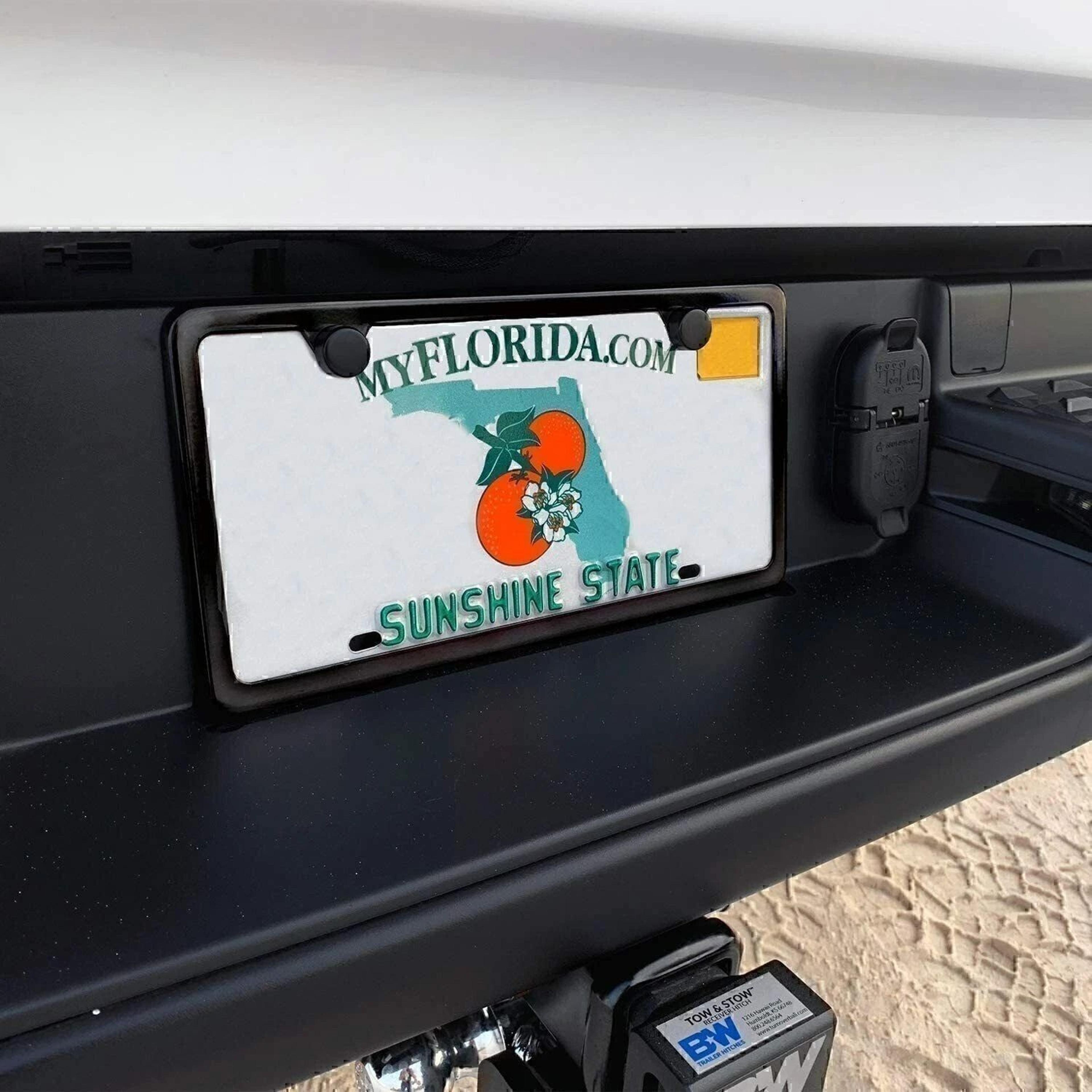 premium stainless steel license plate frame with screw caps thin 2 hole design, sleek black
