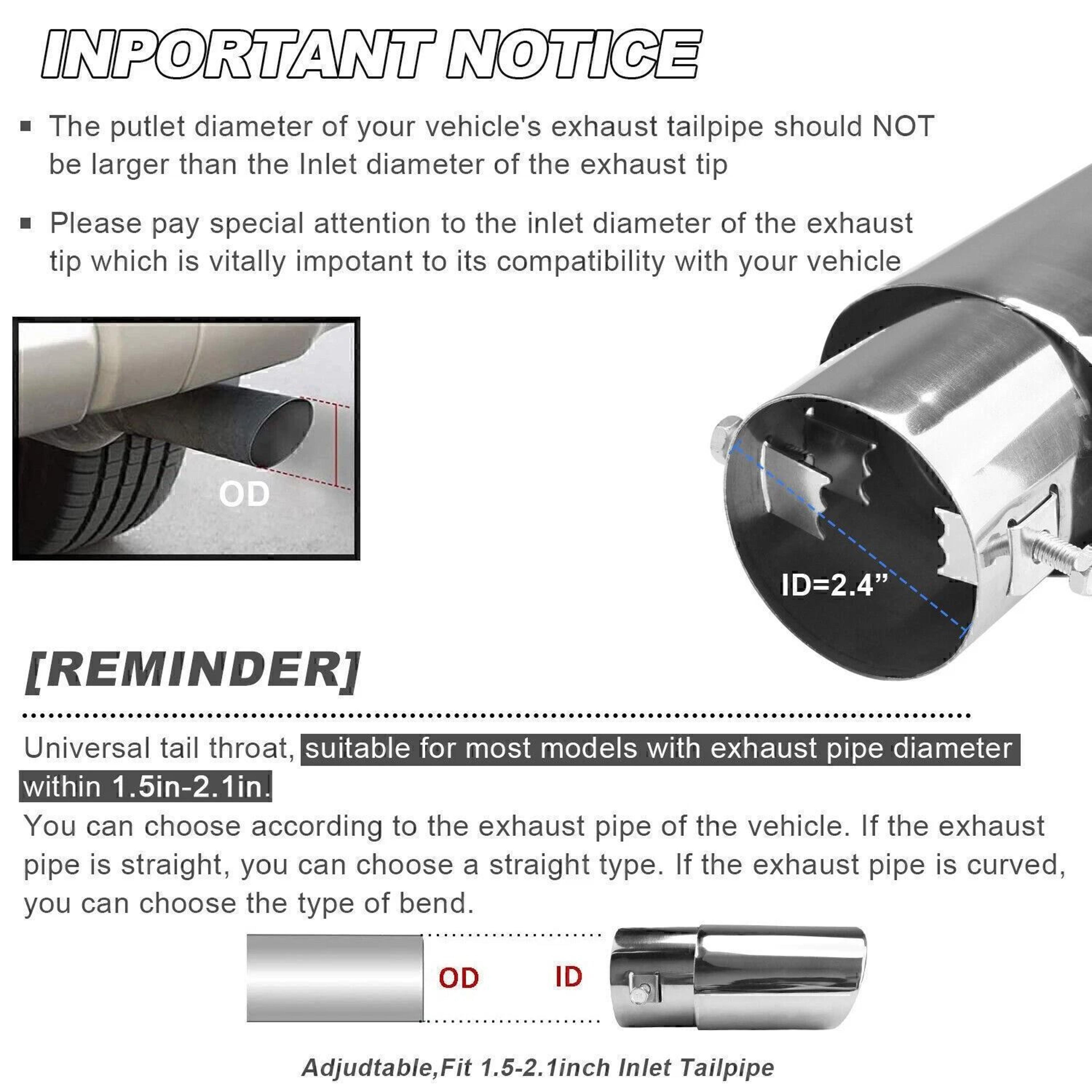 Universal Stainless Steel Exhaust Tip Chrome Rear Clamp On Exhaust Tip For Straight Tailpipes 15
