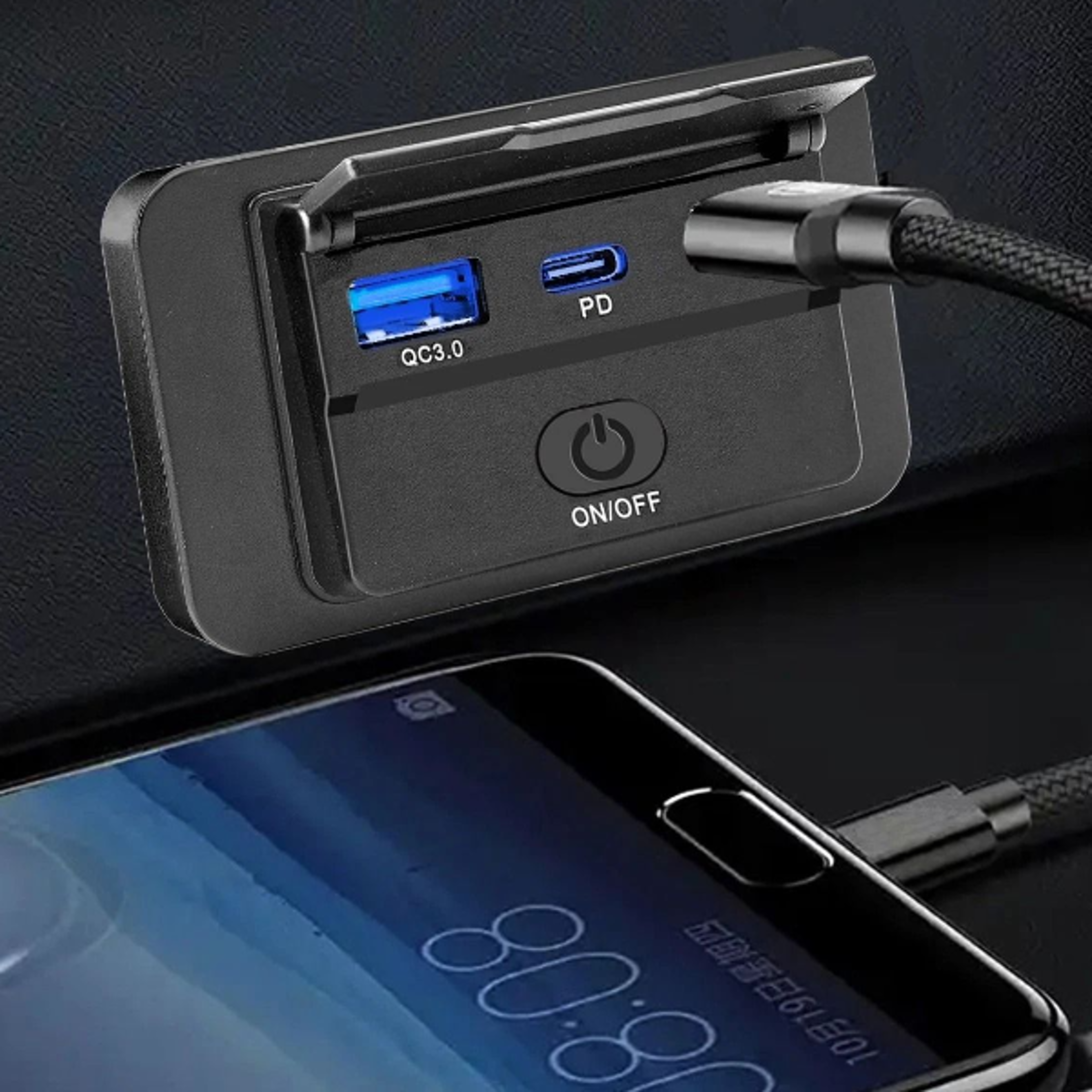 dual usb car fast charger with & pd ports on off switch power outlet