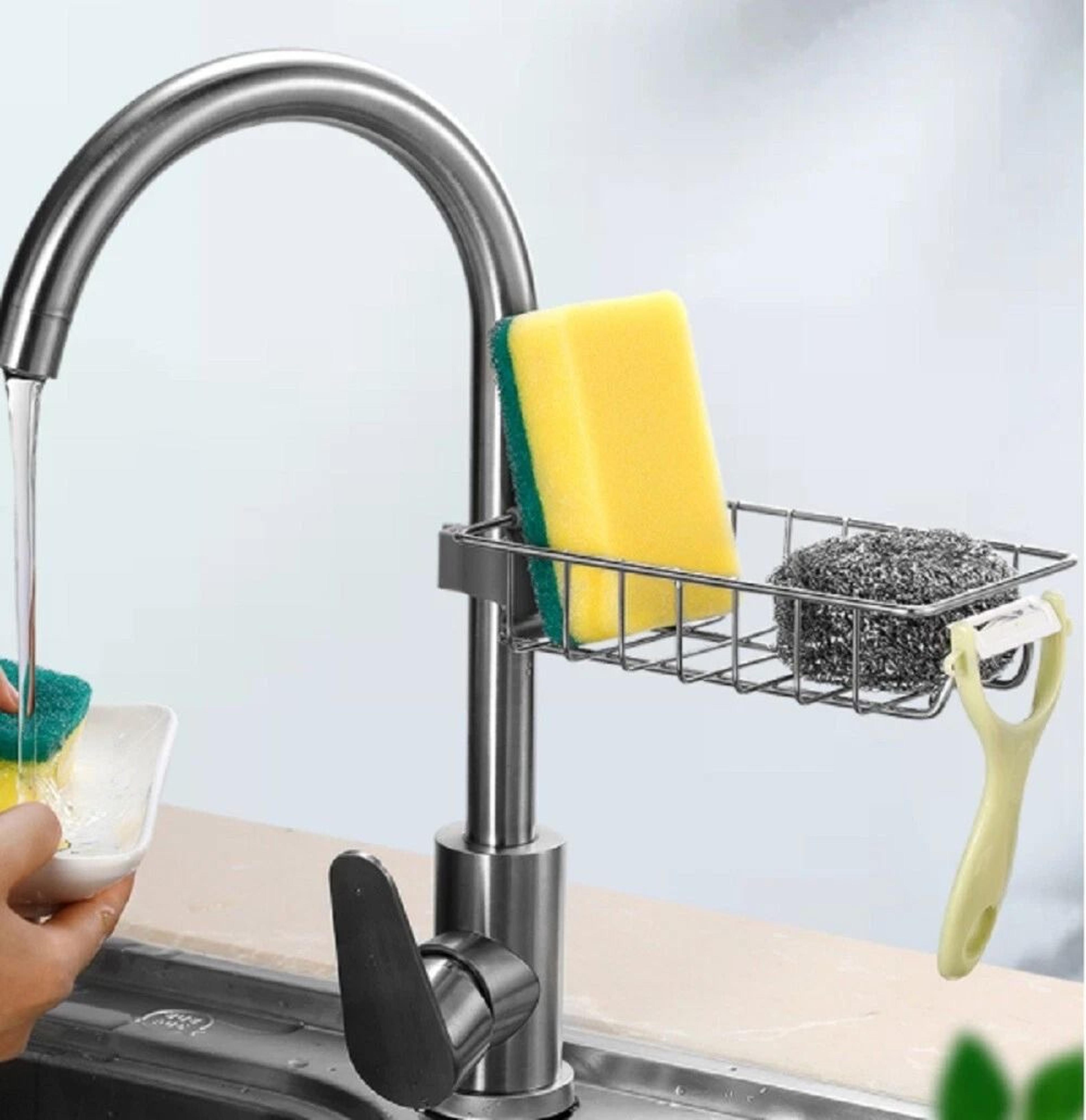stainless steel kitchen sink faucet rack soap dish & sponge holder organizer