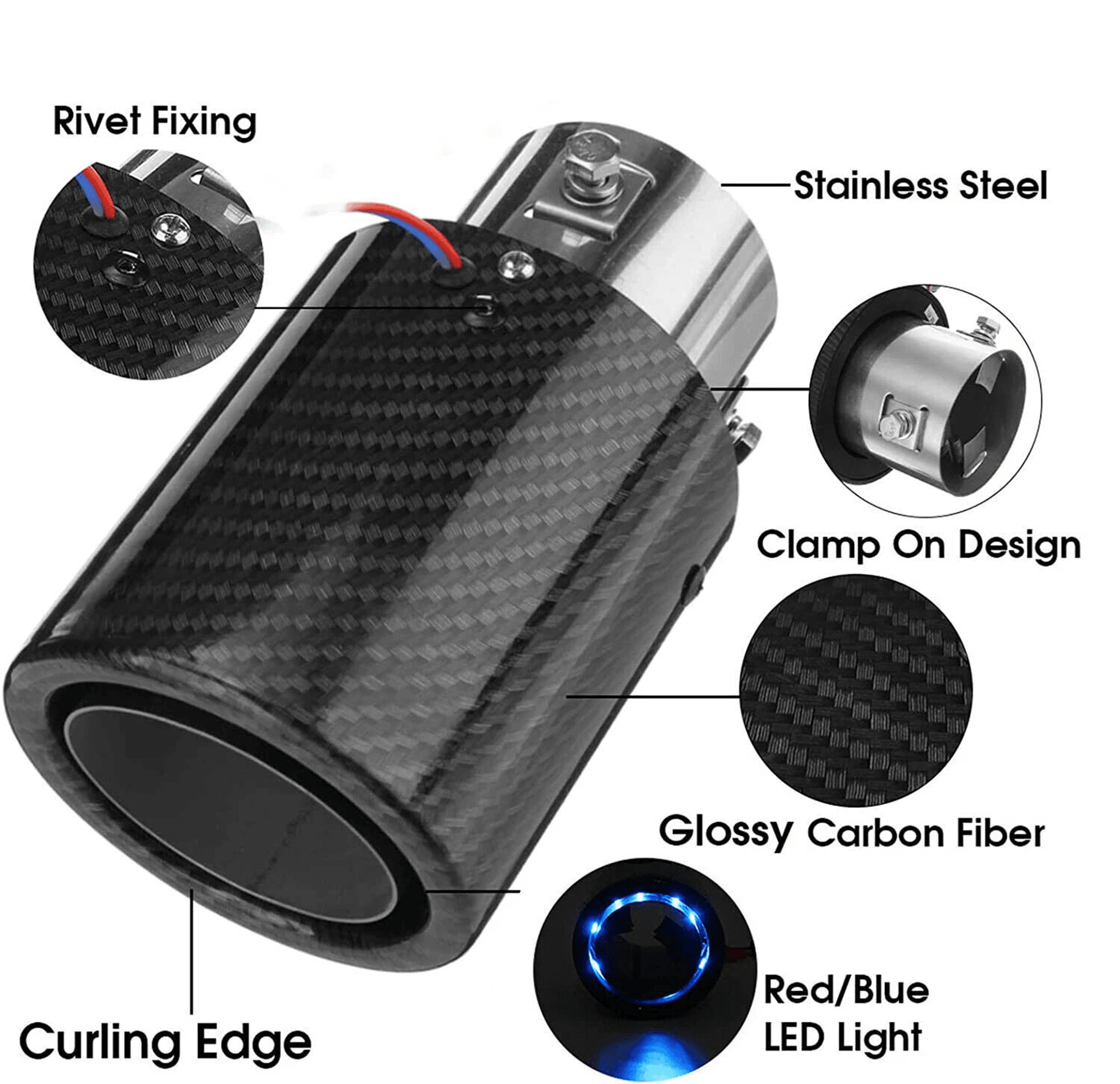 Universal LED Exhaust Tip Pair With Carbon Fiber Look Inlet Curved Muffler Tail Pipes 10