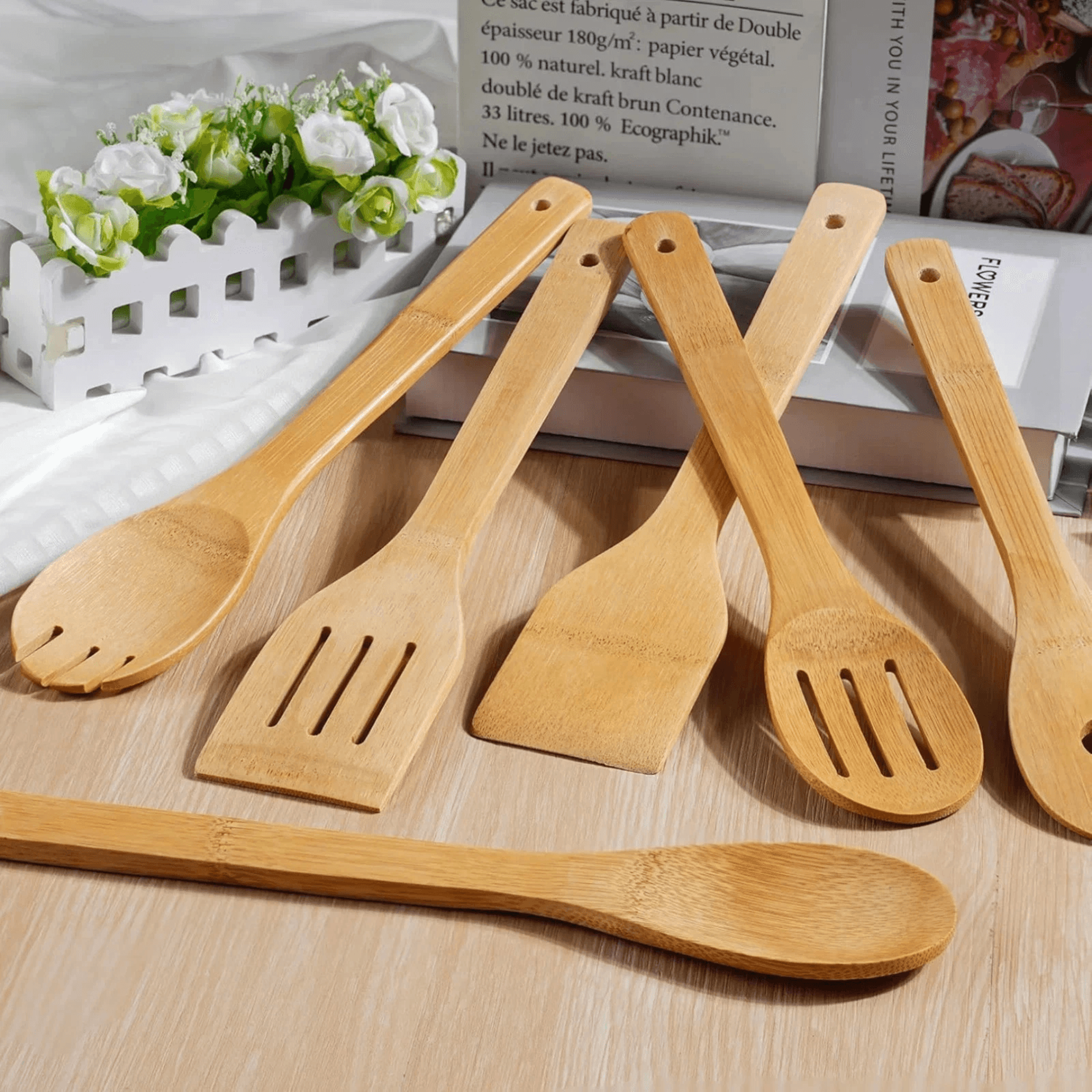 bamboo cooking utensils set wooden spoons for nonstick cookware