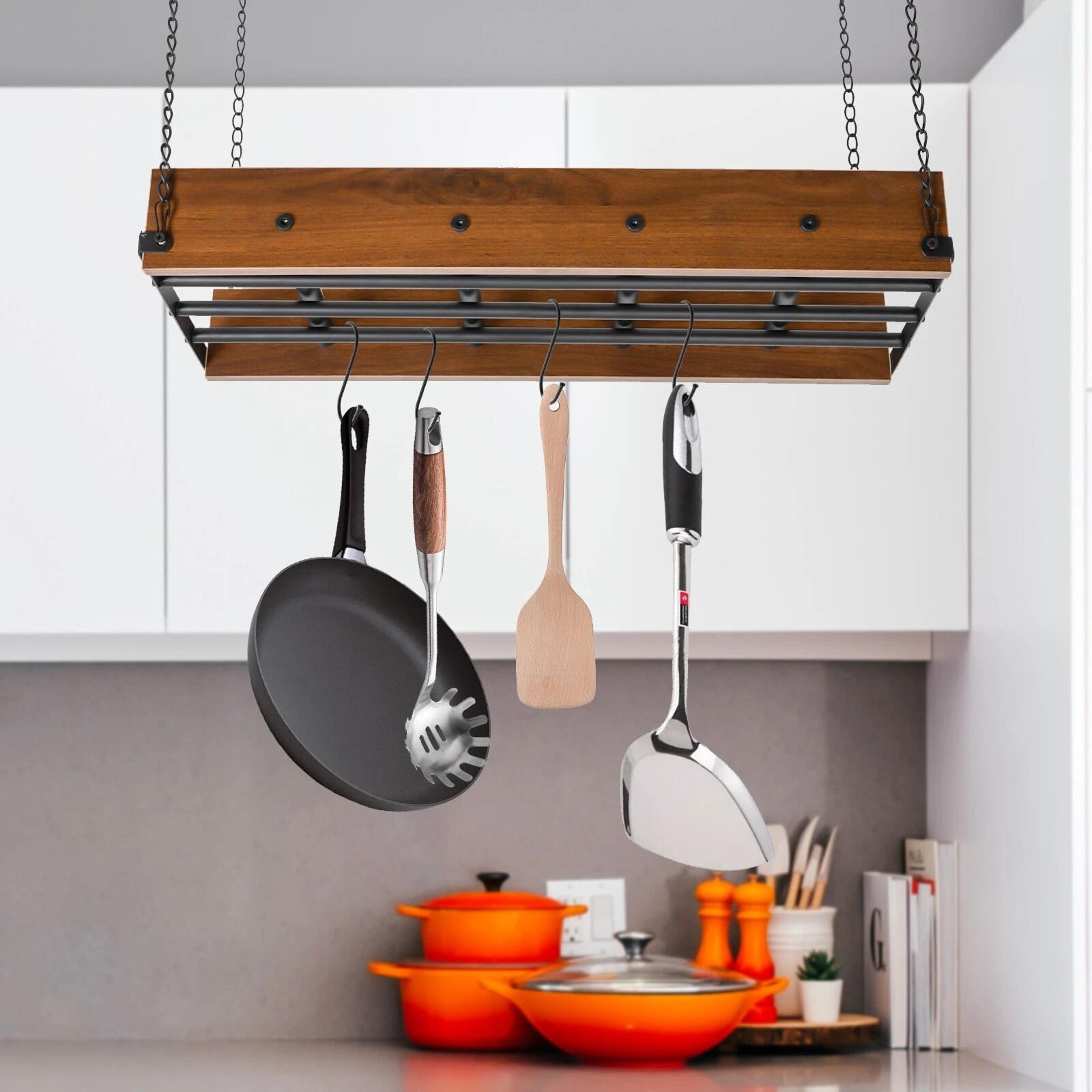 kitchen ceiling mount hanging pot rack & cookware organizer shelf