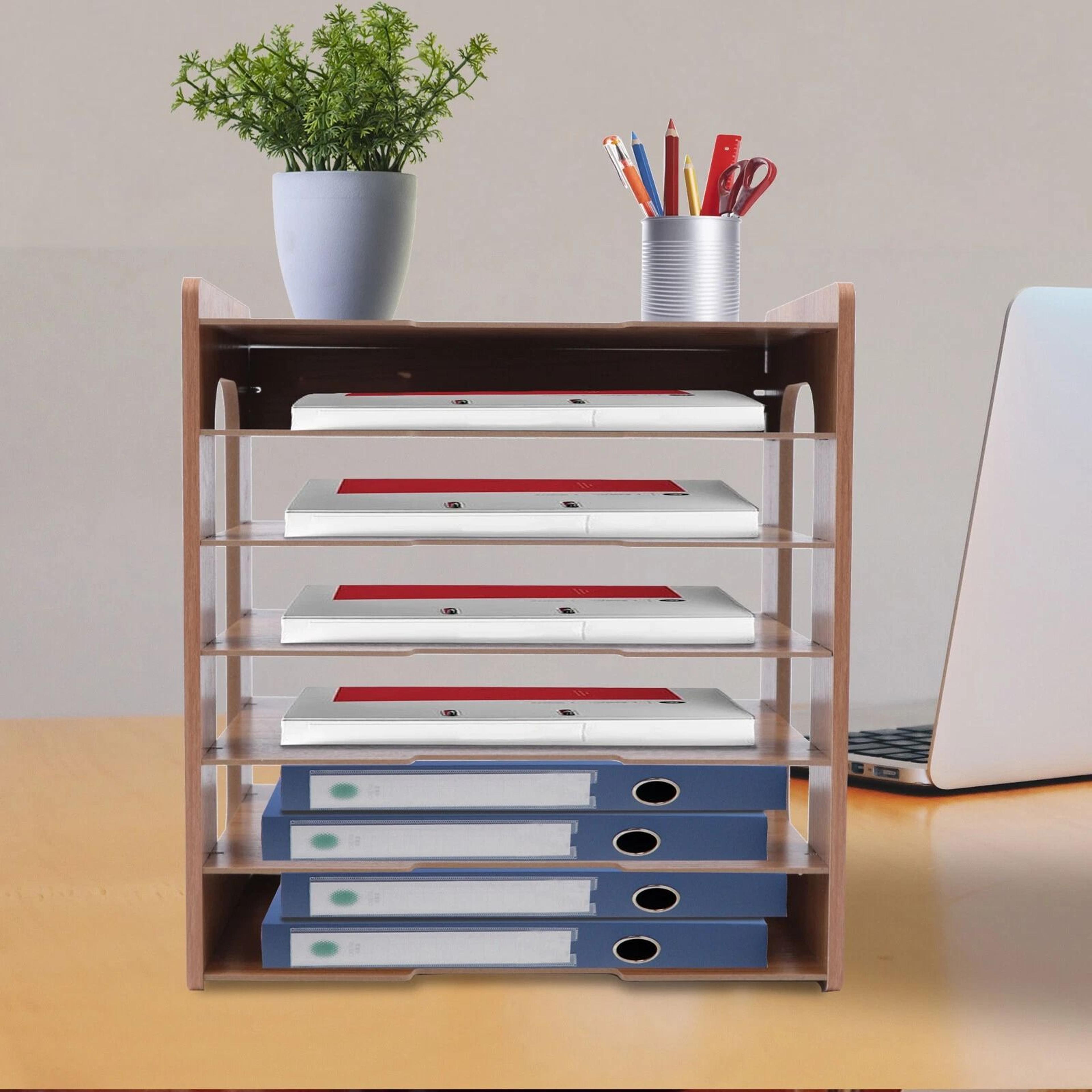 wood desk organizer & desktop file holder for office document storage