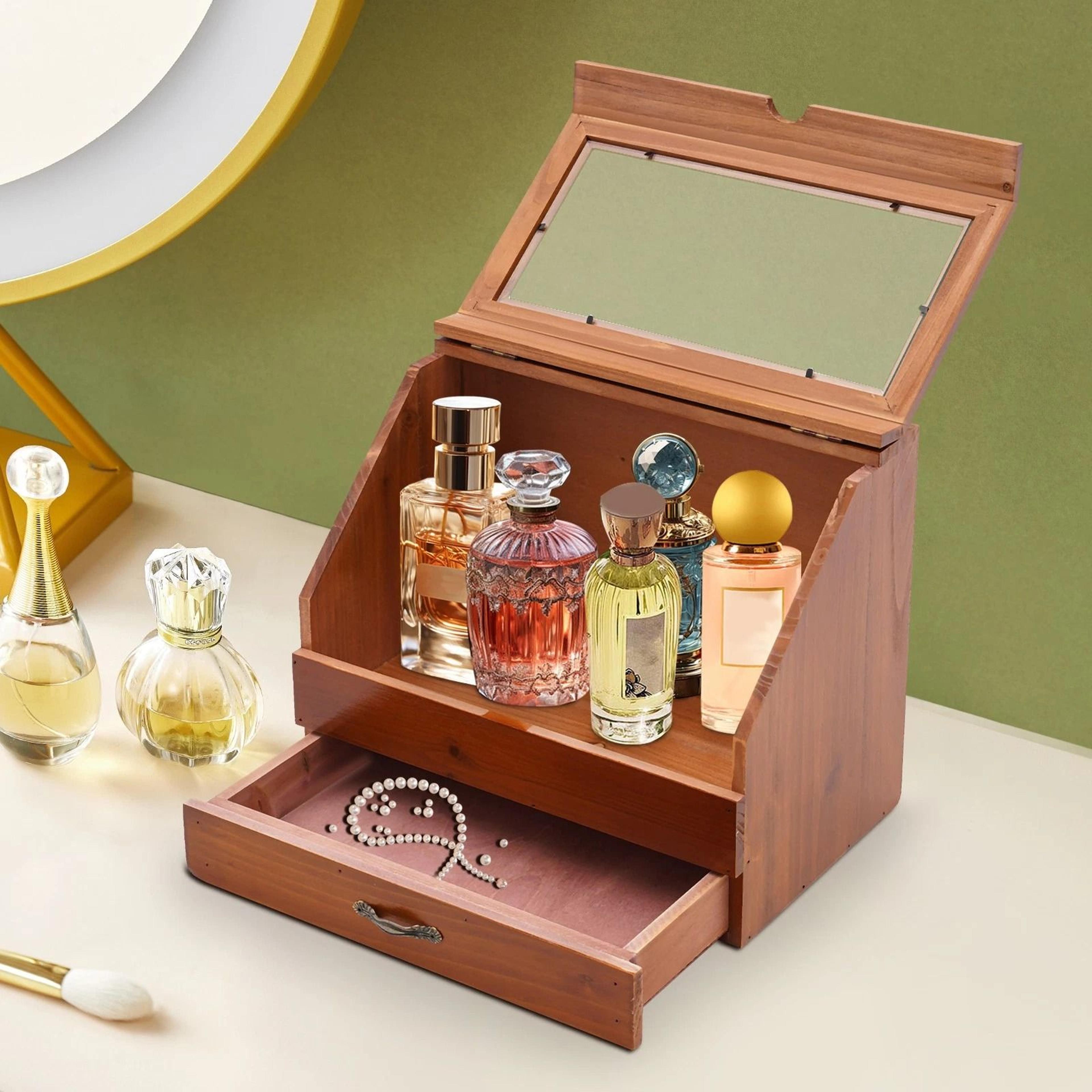 elegant wood perfume organizer with drawer & jewelry storage box tiered perfume display stand
