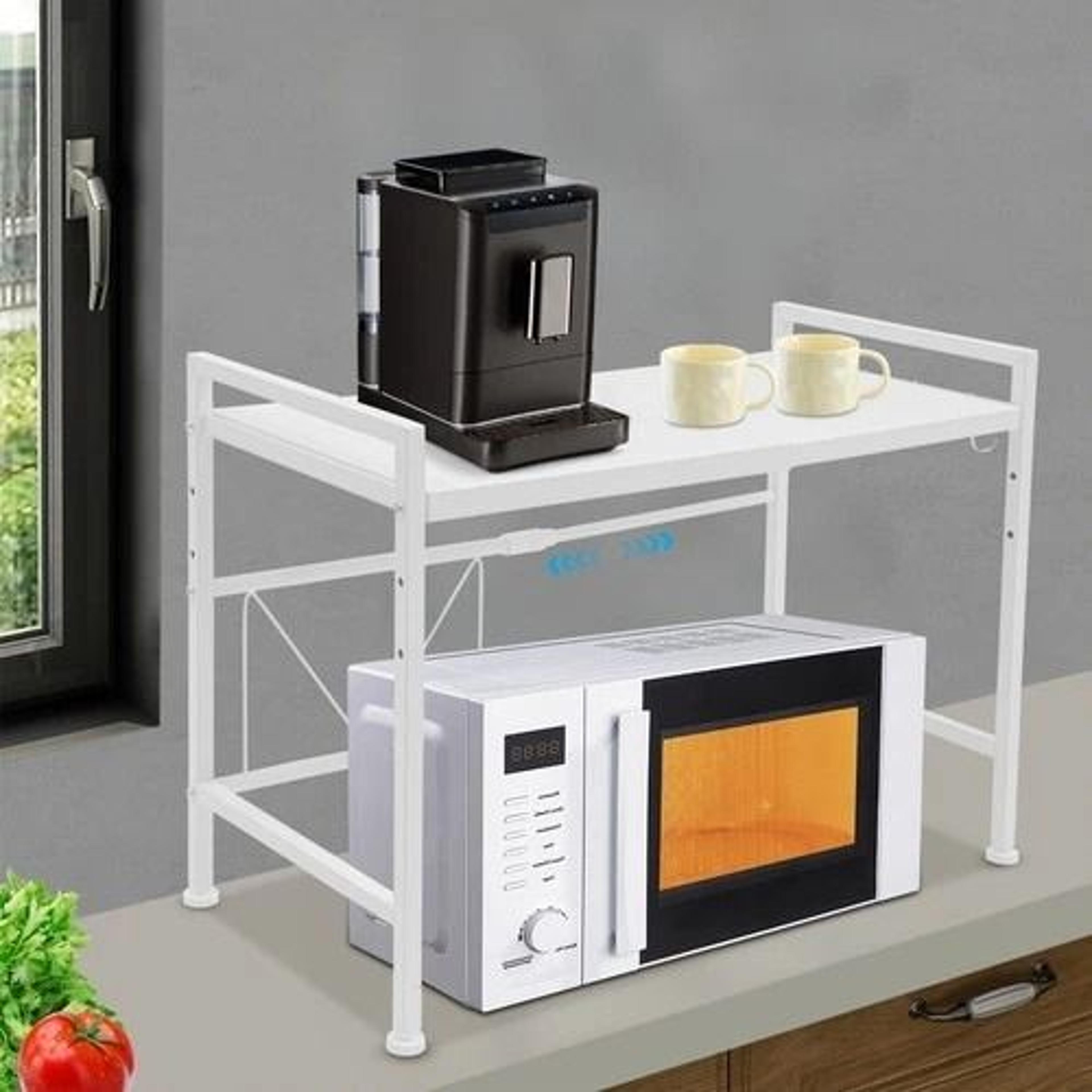 adjustable expandable 2 tier kitchen microwave rack shelf with 3 hooks