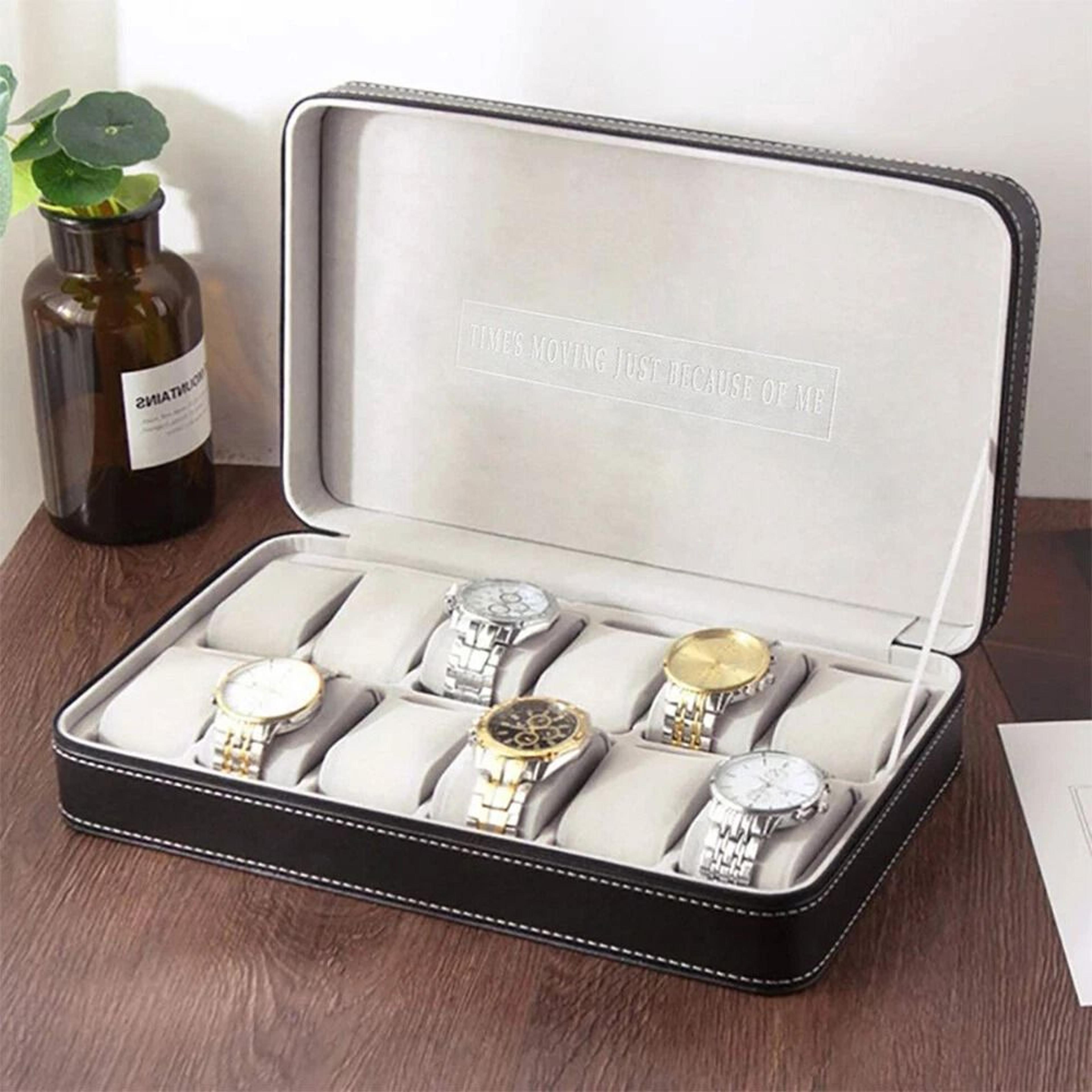 premium 12 slot pu leather watch organizer & jewelry storage box