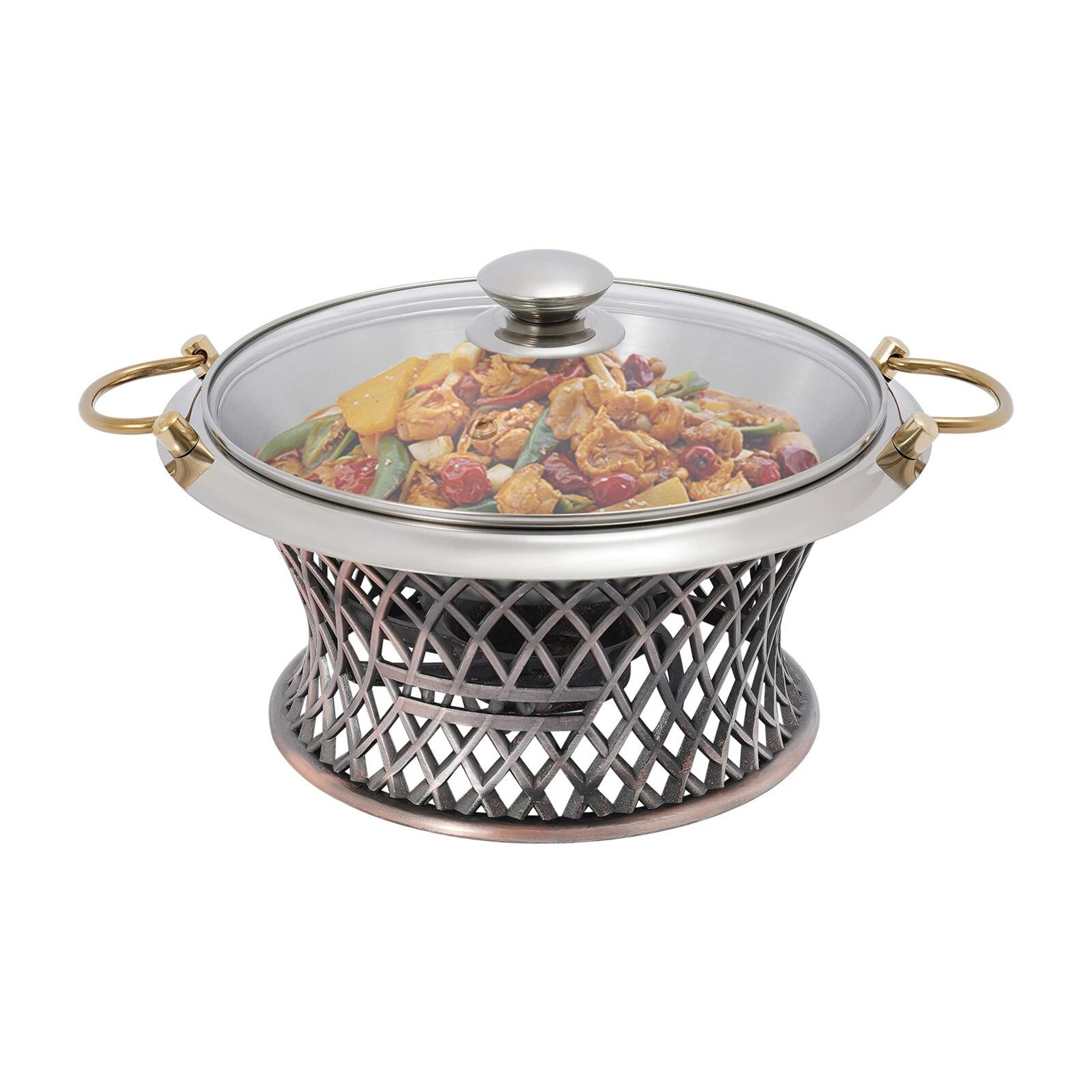 Elegant Round Chafing Dish Buffet Server Stainless Steel Food Warmer With Glass Lid  Fuel Holder 10