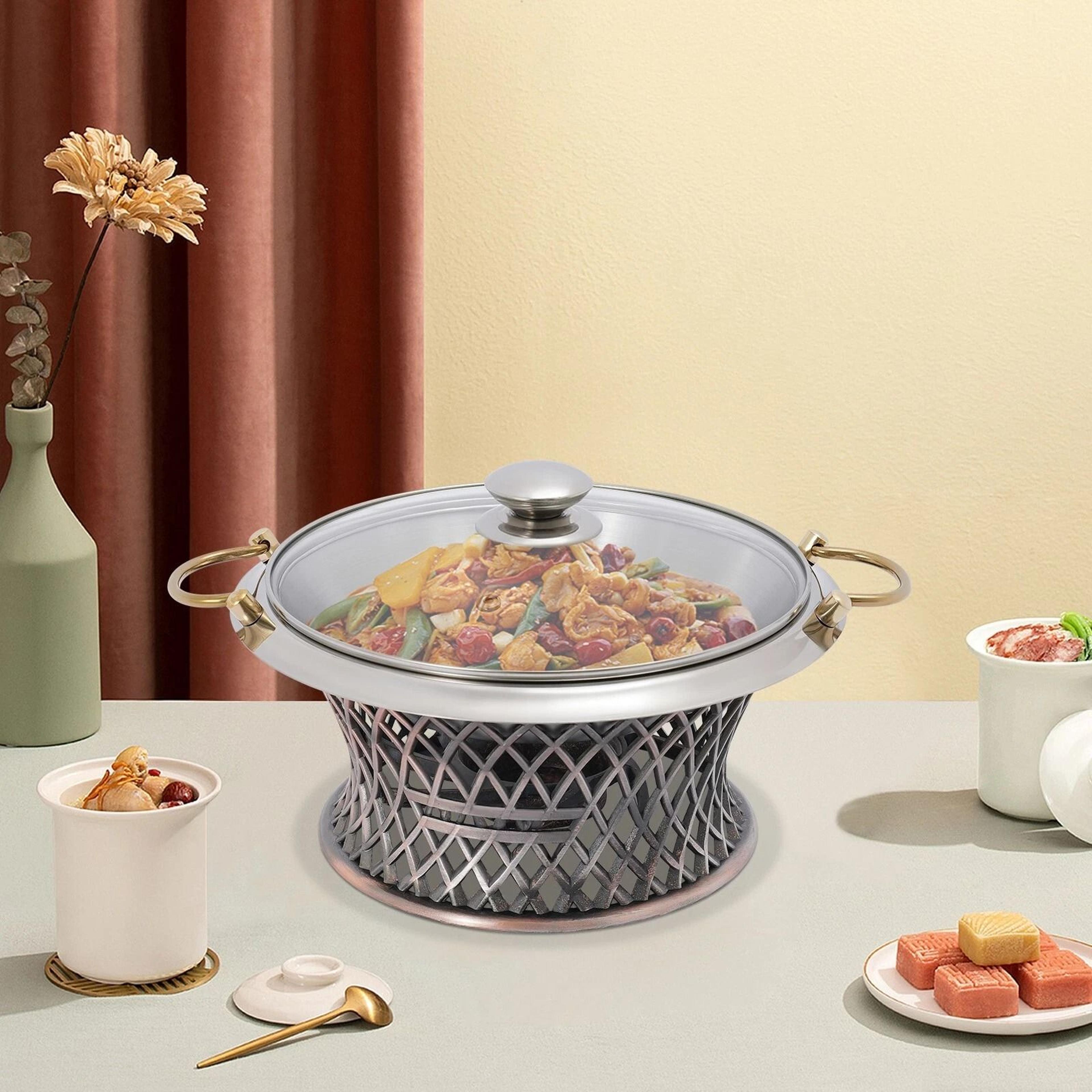 elegant round chafing dish buffet server stainless steel food warmer with glass lid & fuel holder
