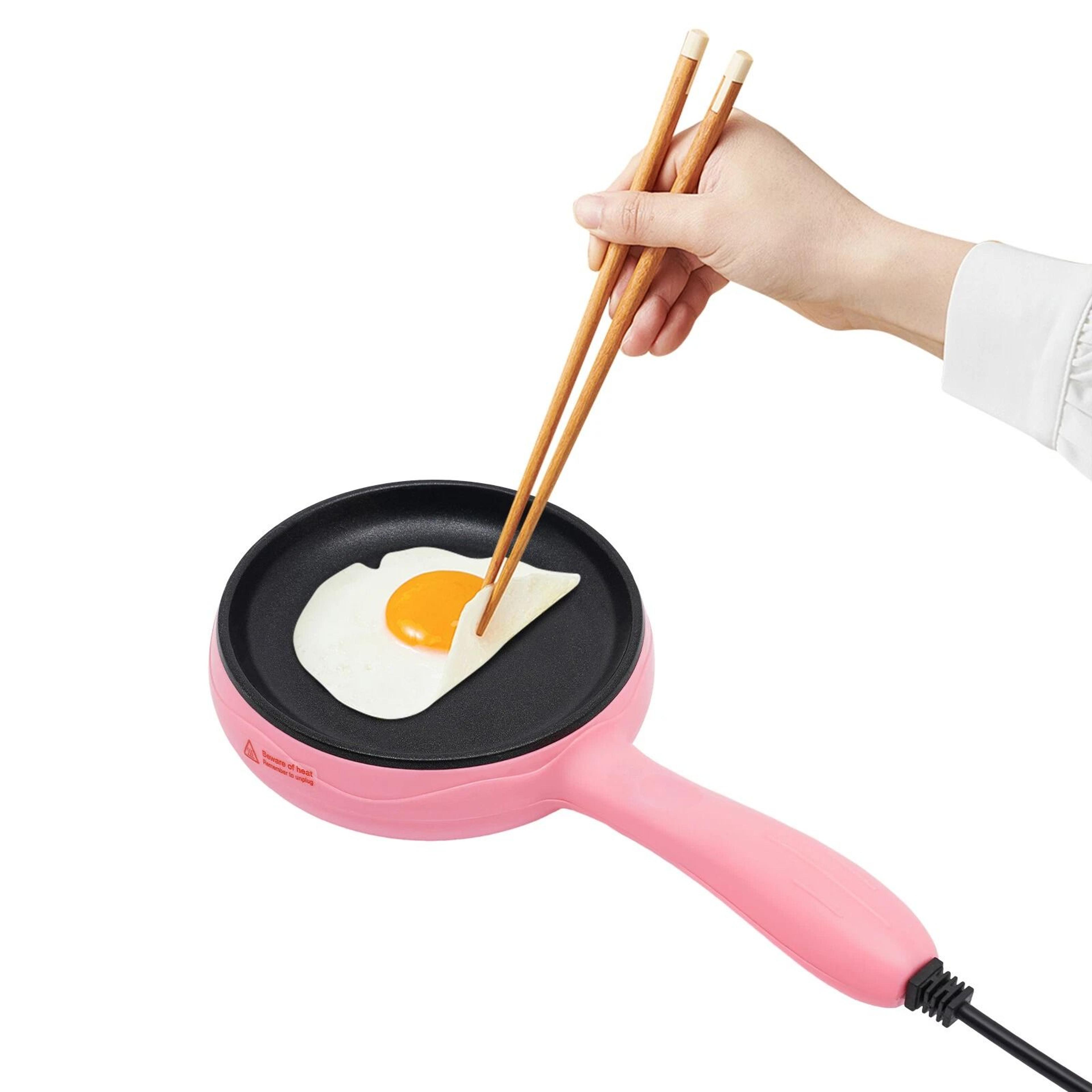 Premium Pink Compact Electric Skillet Non Stick Mini Frying Pan With Wooden Spatula 4