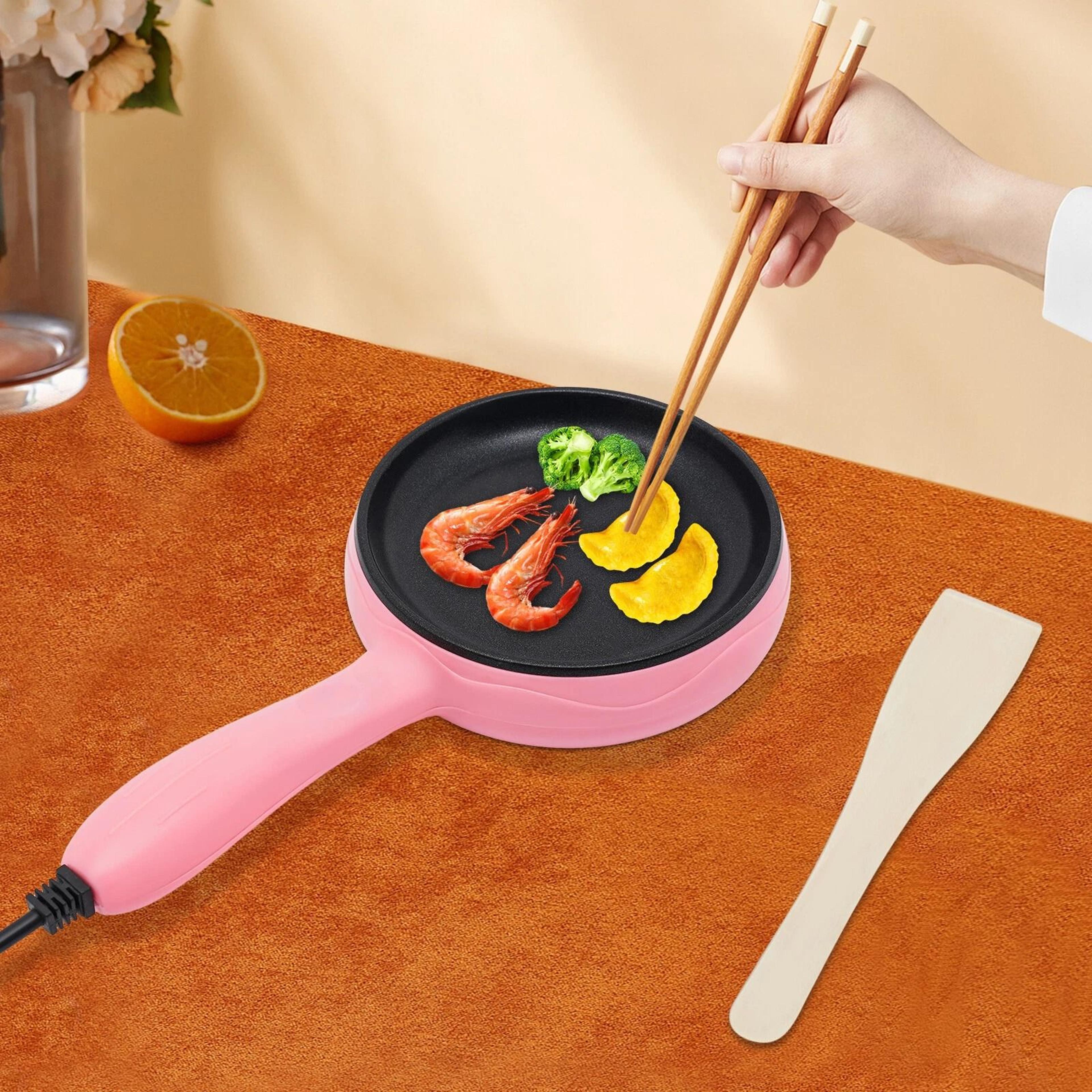 premium pink compact electric skillet non stick mini frying pan with wooden spatula