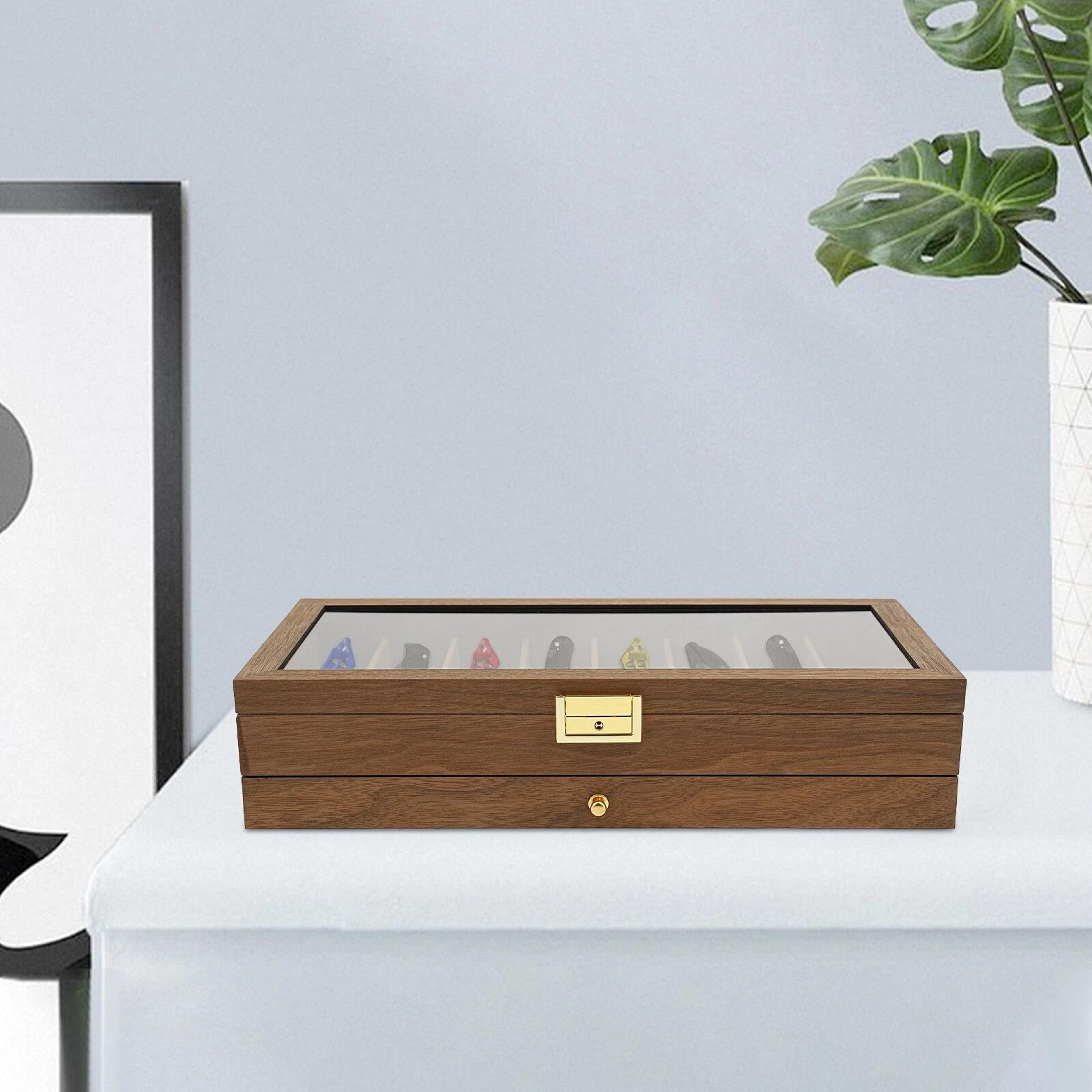 2 Tier Knife Display Case With Lock Glass Lid Knife Storage Box For Collectors 14