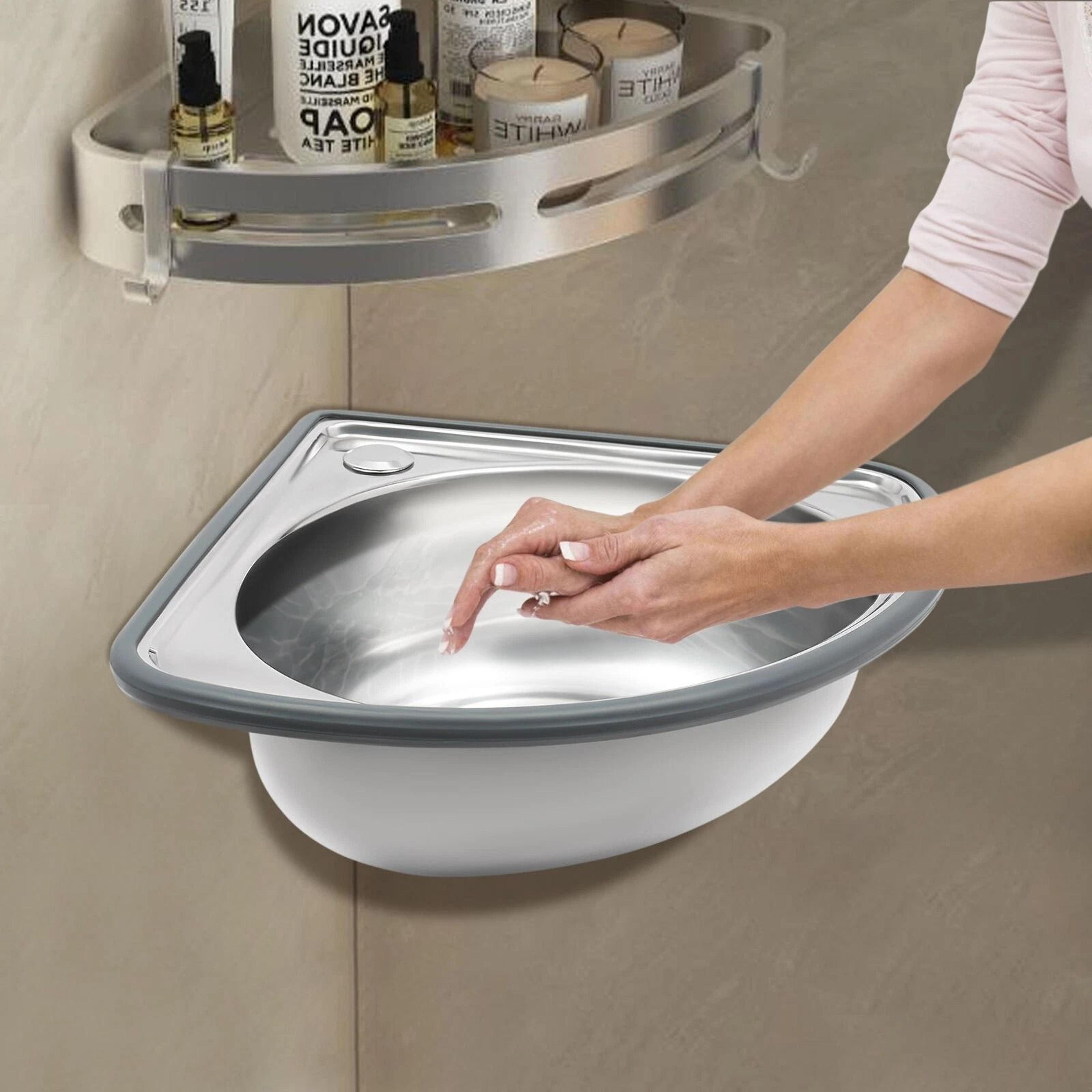 Stainless Steel Wall Mount Corner Bathroom Sink With Overflow For Small Spaces 7