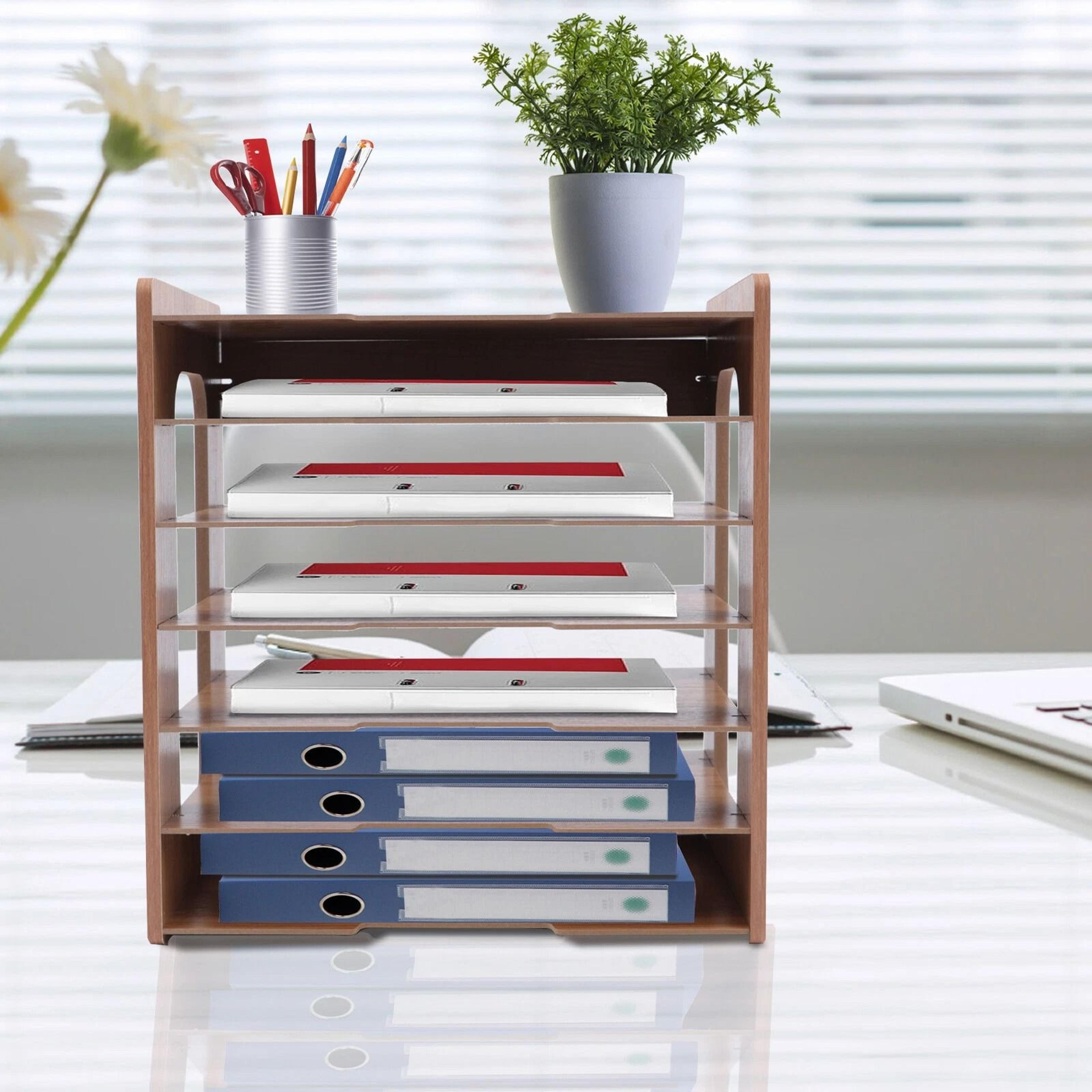 7 tier desk file organizer wooden a4 letter tray for office document storage