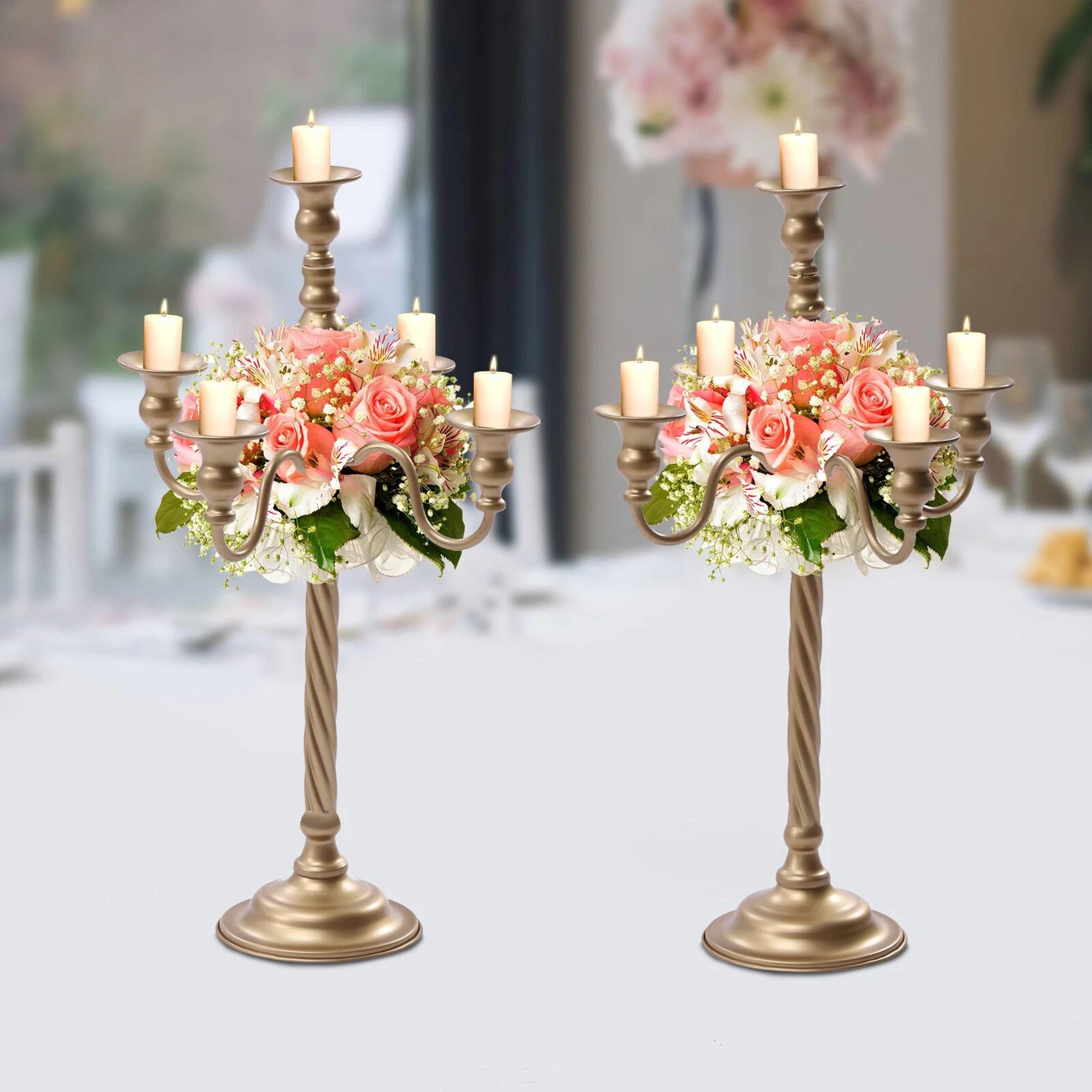 gold 5 arm candelabra candle holder set for wedding and table centerpieces