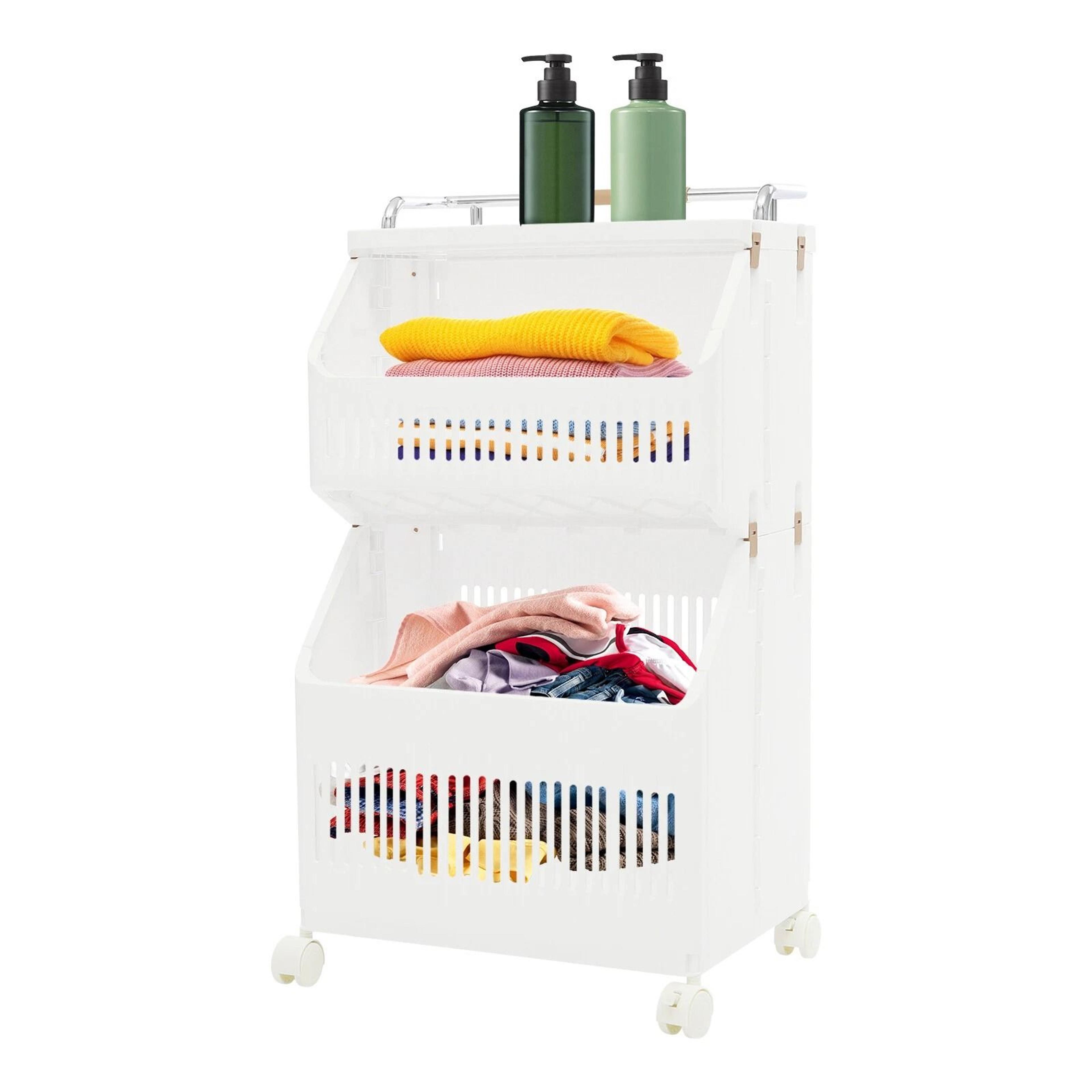 Premium 2 Tier Rolling Laundry Basket  Collapsible Laundry Hamper Space Saving Clothes Storage Cart 8