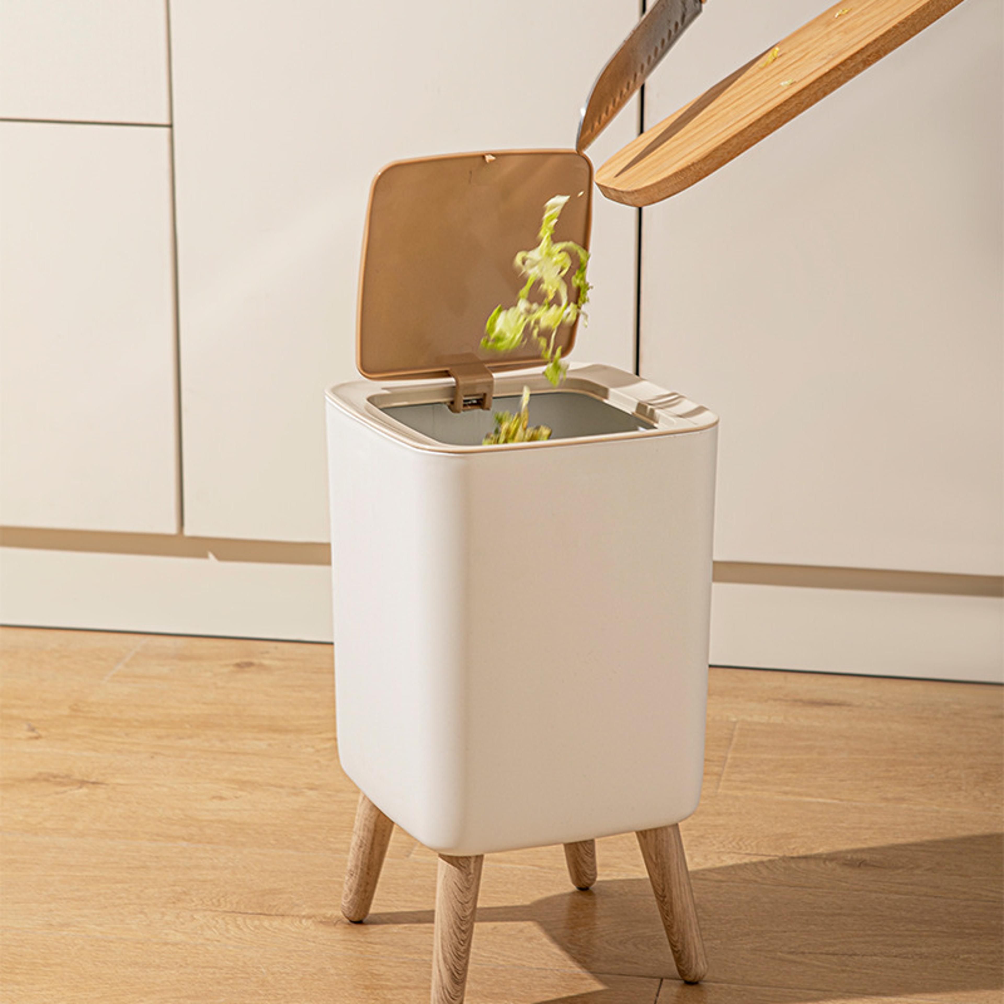 Press Trash Can High Clamshell White Imitation Wood Grain Suitable For Bedroom Bathroom Living Room 4