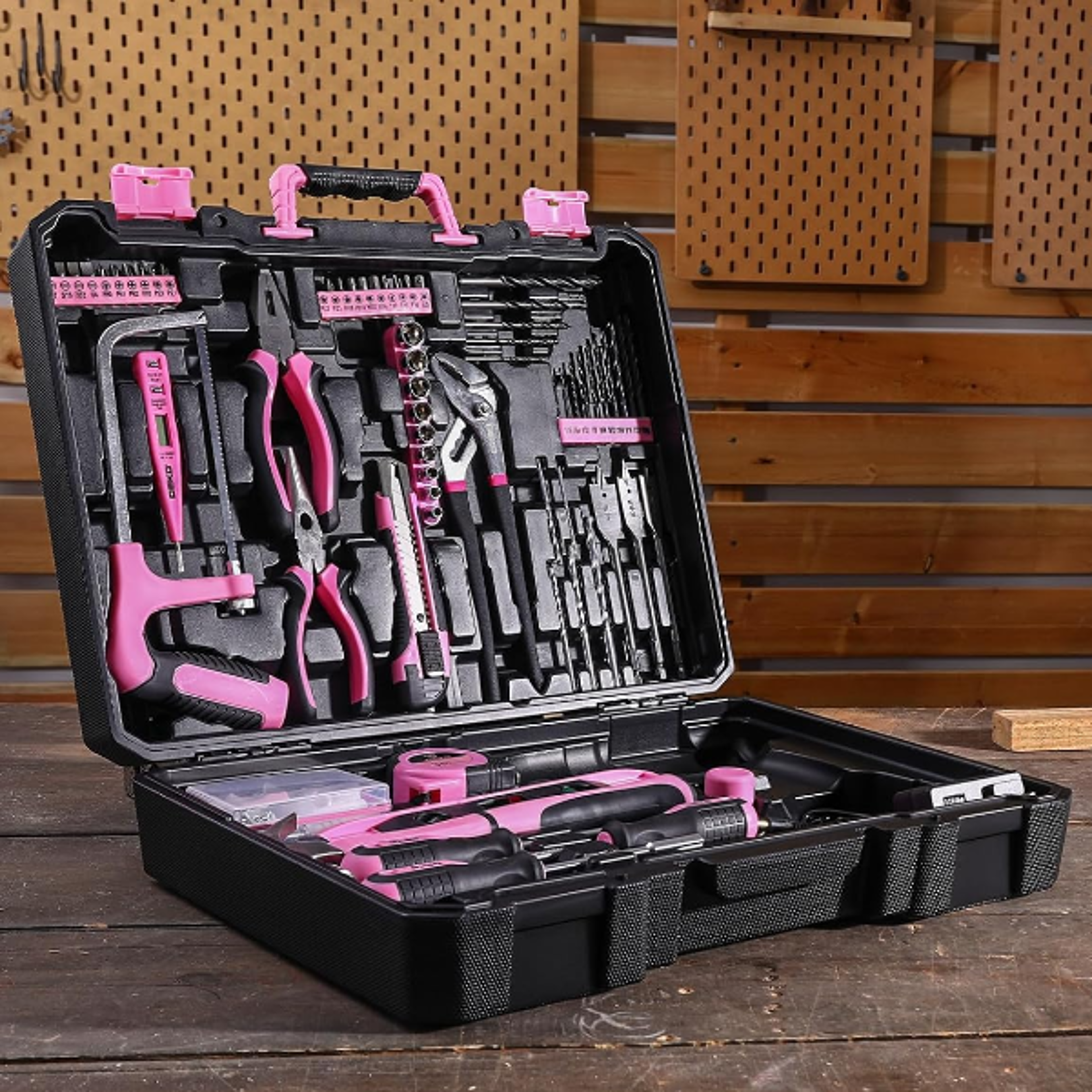 pink cordless power drill kit, electric drill with battery, tool set in toolbox