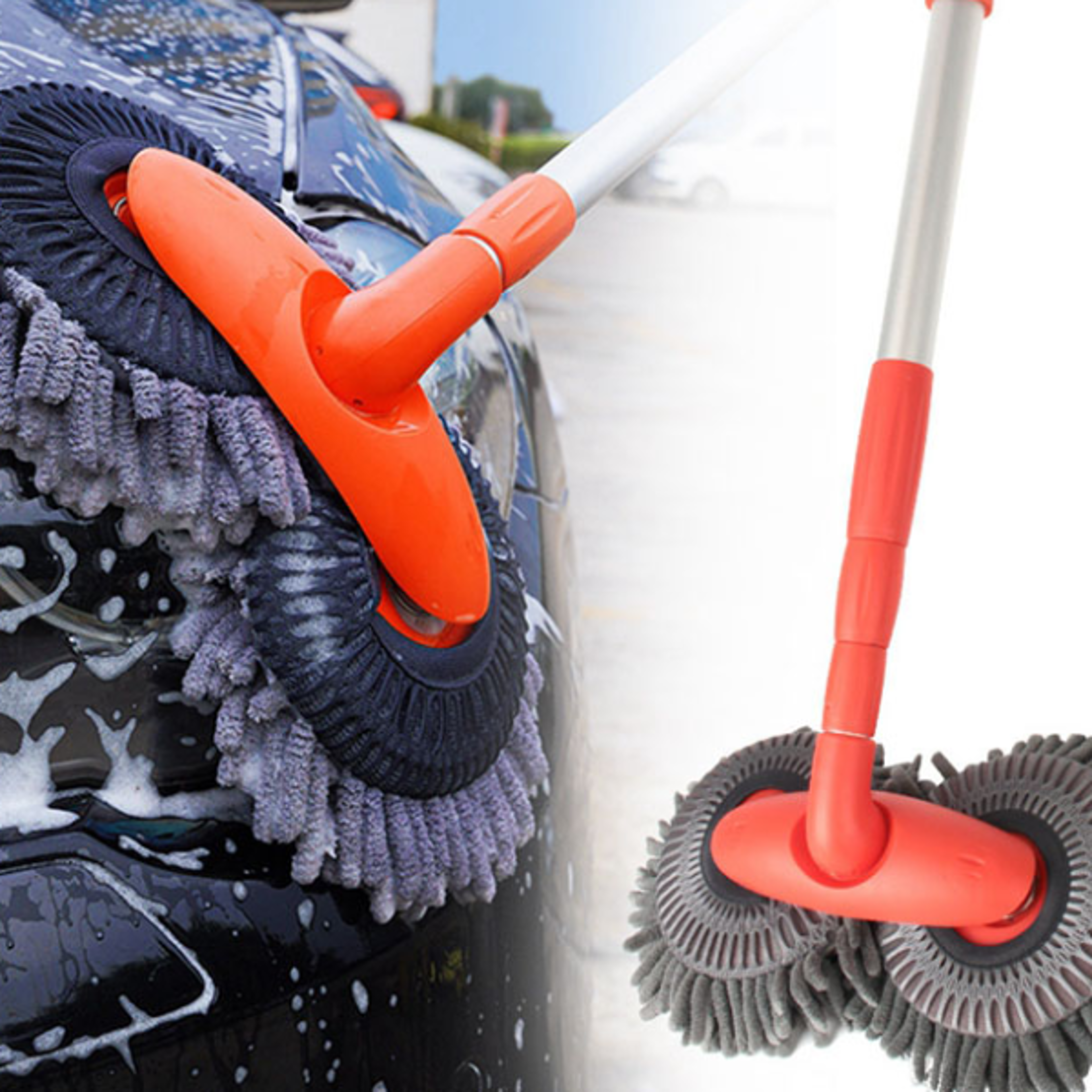 telescopic car cleaning mop, chenille brush washer mop, double brush head roof window cleaner