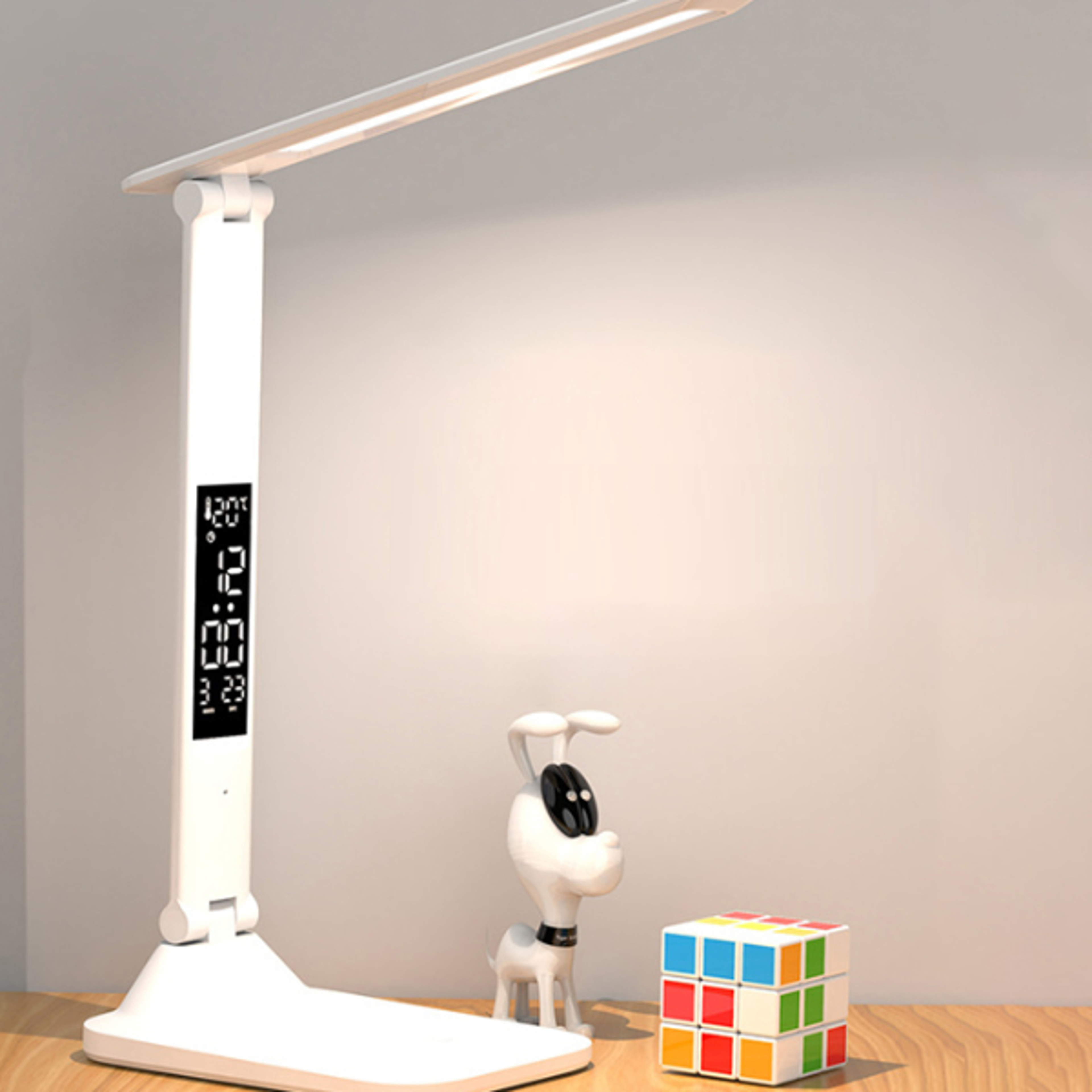 usb folding table lamp, dimmable led desk lamp, touch control with alarm clock and thermometer, eye protection night