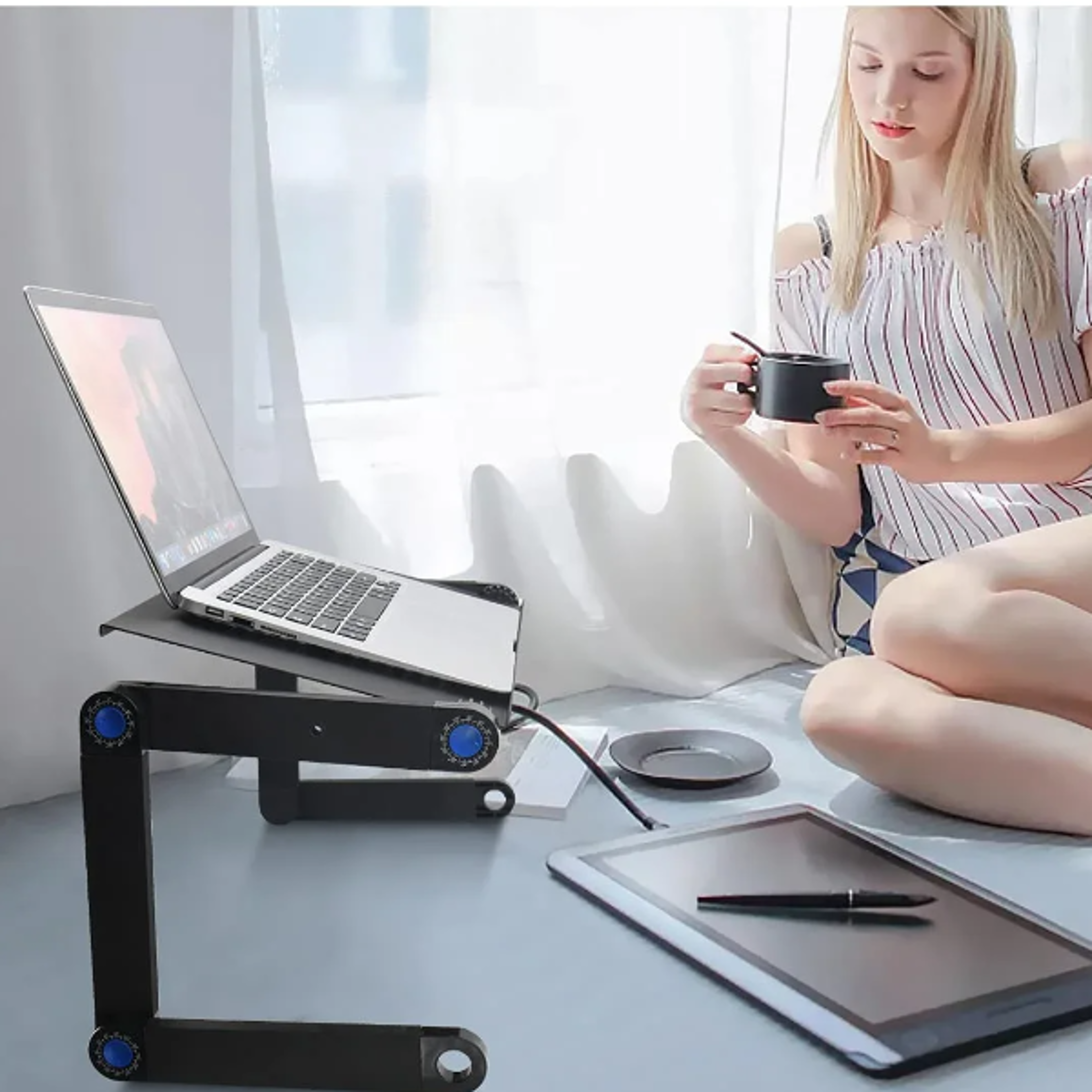 portable laptop table stand, adjustable aluminum desk riser with mouse pad, cooling holder for bed and desktop use