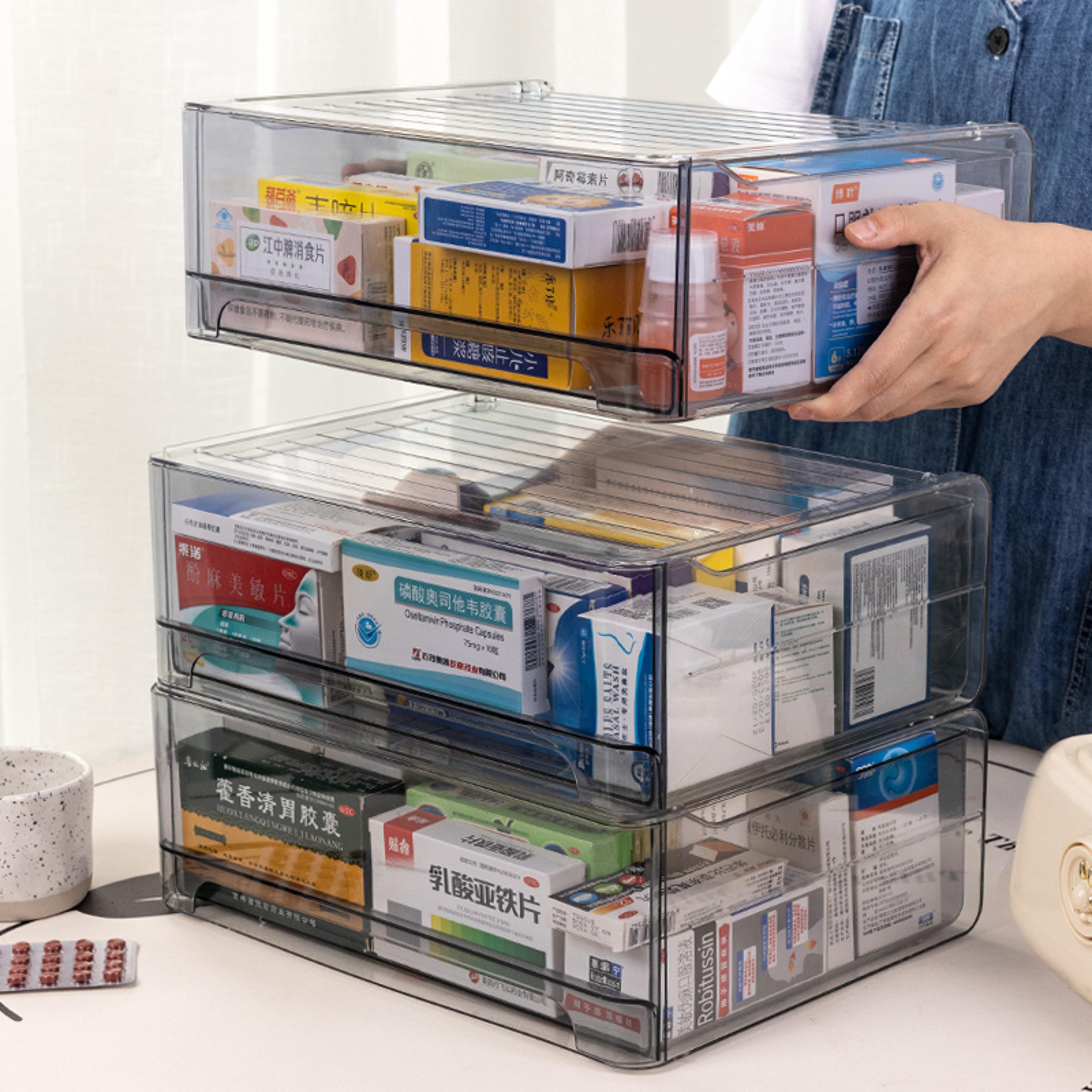 Large Capacity Gray Drawer Acrylic Medicine Storage Box PullOut Medicine Box Stackable Medicine Sor 3