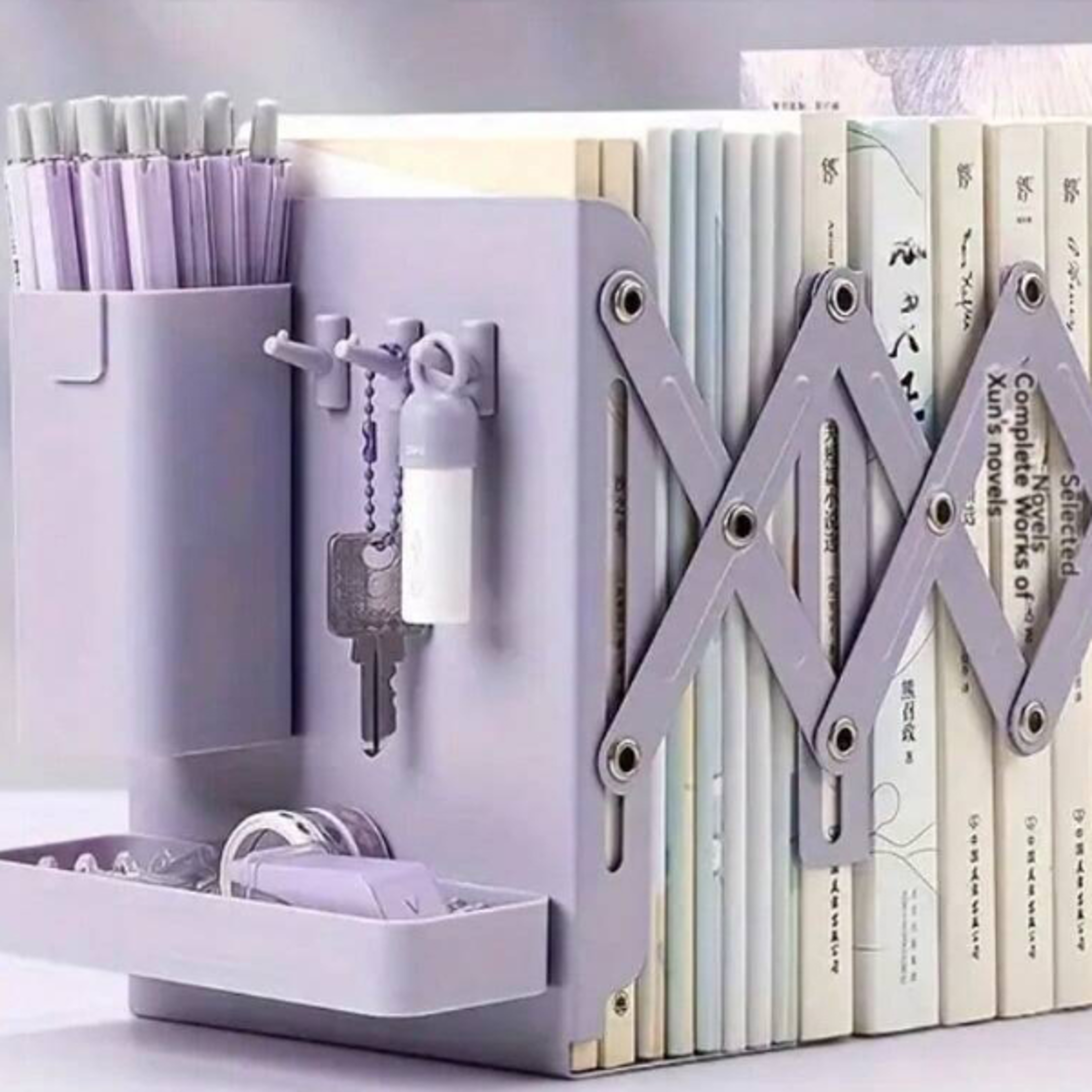 pen holder bookshelf for office, scalable folding storage desk organizer, books school supplies, office accessories