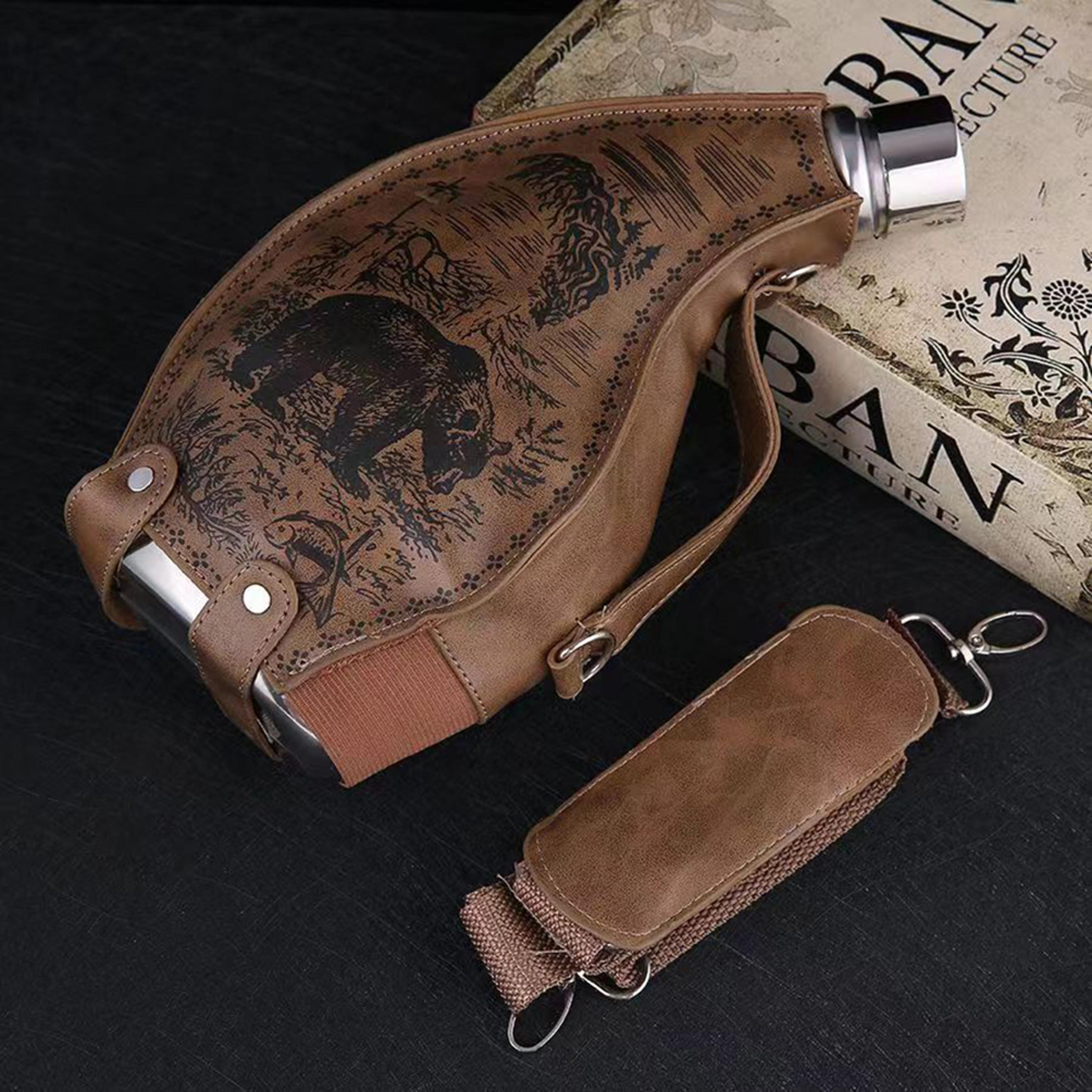 leather case ox horn flagon with funnel, high-capacity stainless steel horn hip flask, western cowboy wine set
