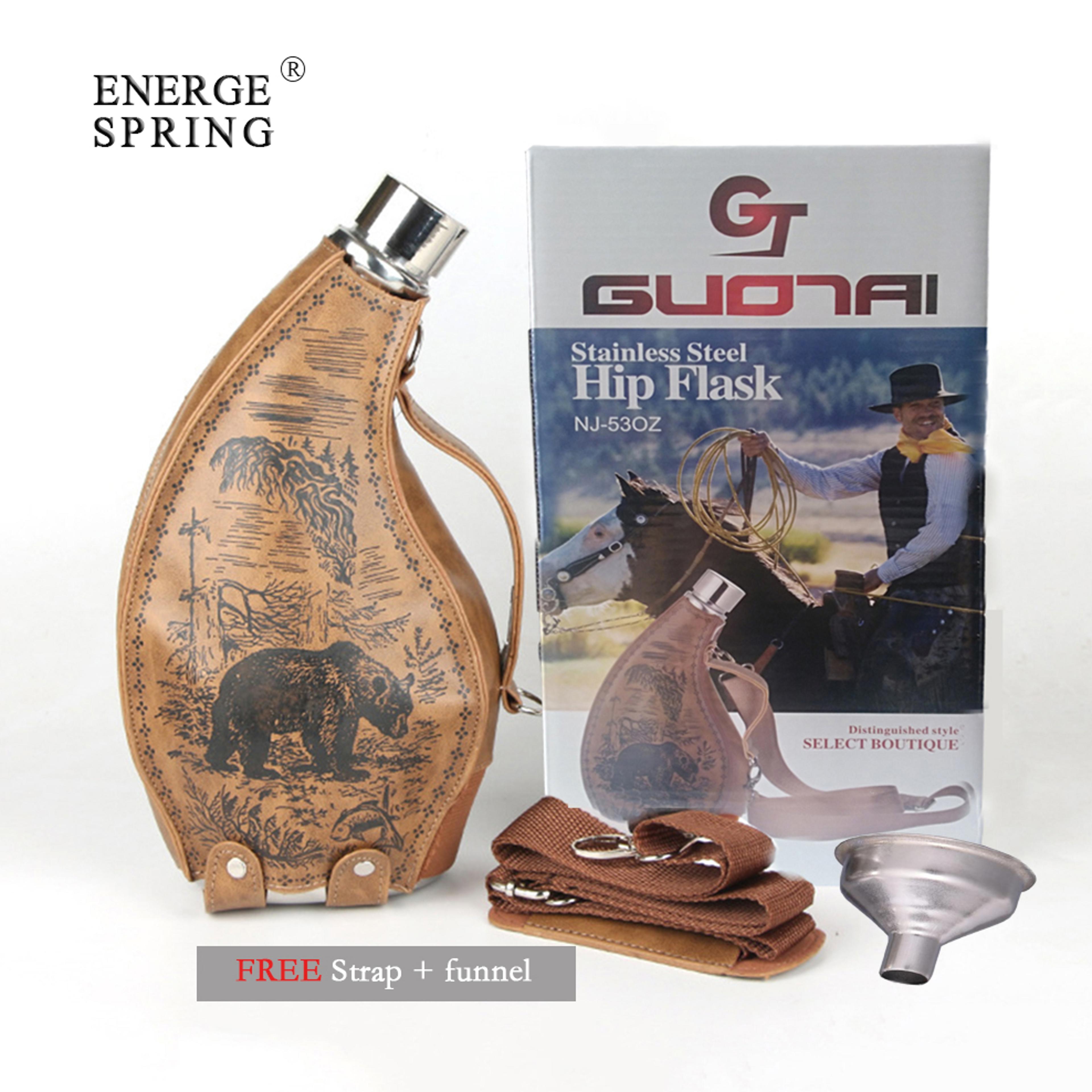 Leather Case Ox Horn Flagon With Funnel HighCapacity Stainless Steel Horn Hip Flask Western Cowboy  2