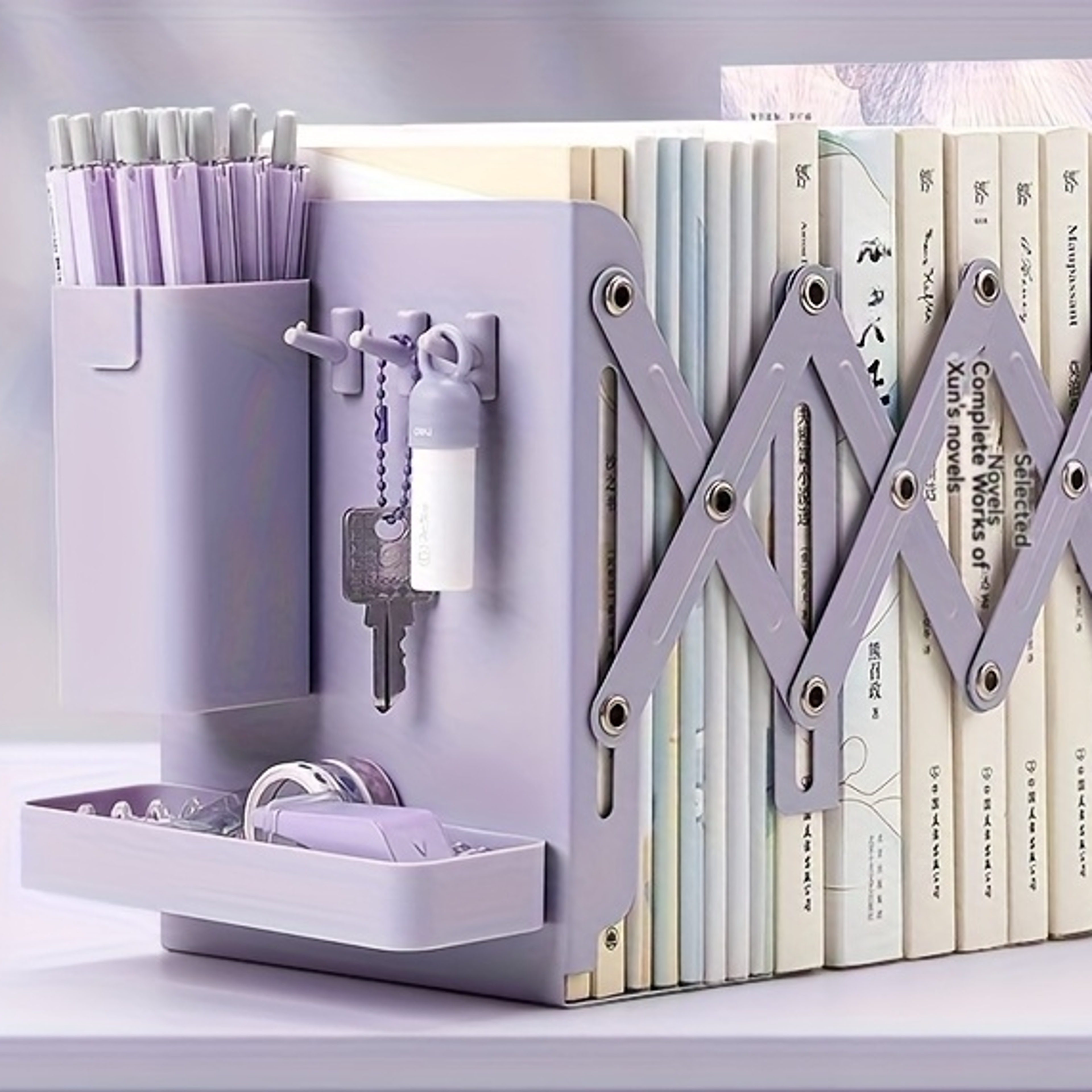 retractable bookends with pen holder hooks and storage boxes, foldable space-saving desktop organizer set