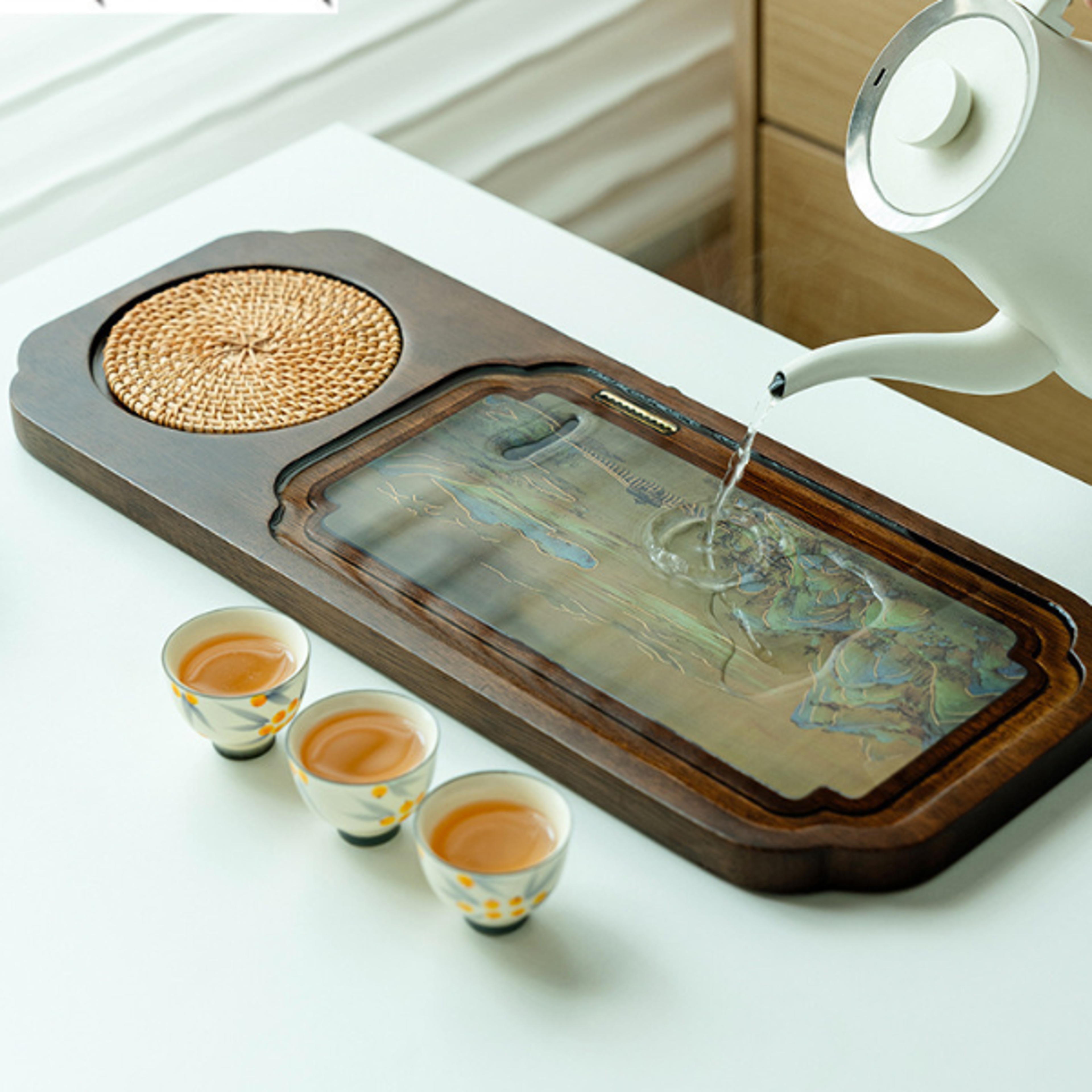 premium walnut tea tray, solid wood tea set holder, high-end tea brewing table, color changing tea tray for home
