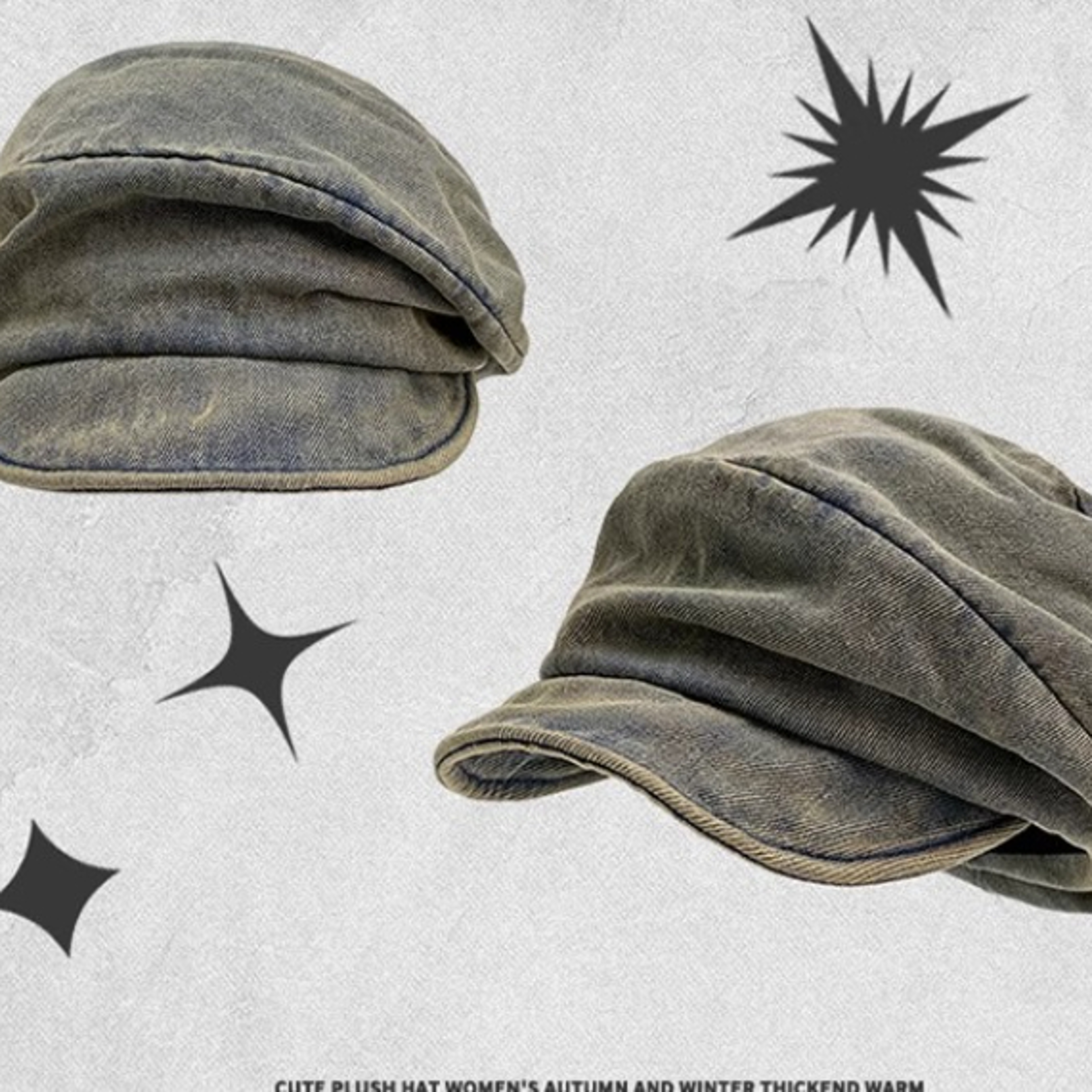 high-quality retro washed denim berets cap for women, casual spring summer niche fold design, literary painter hat