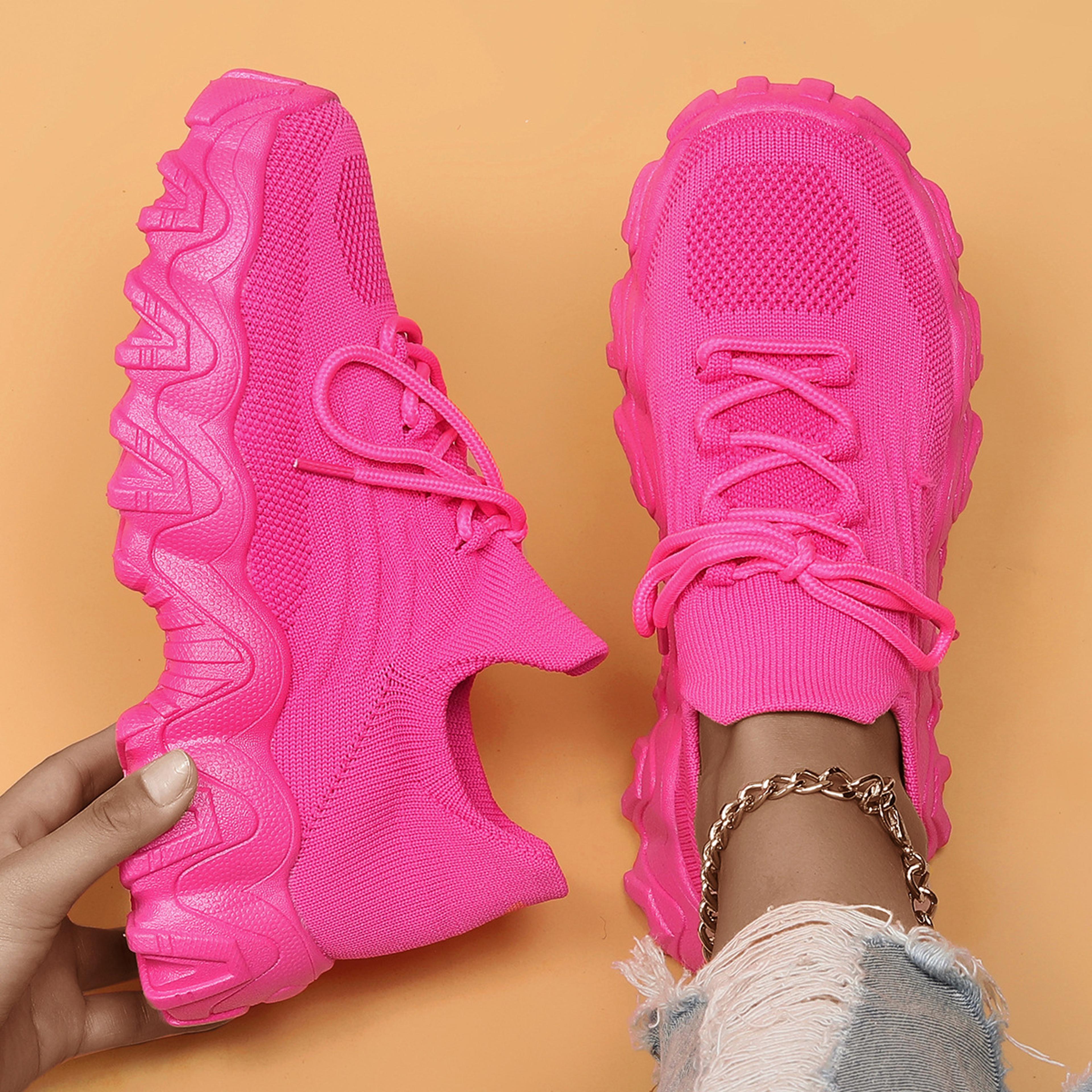 womens pink breathable mesh sneakers with lace up design