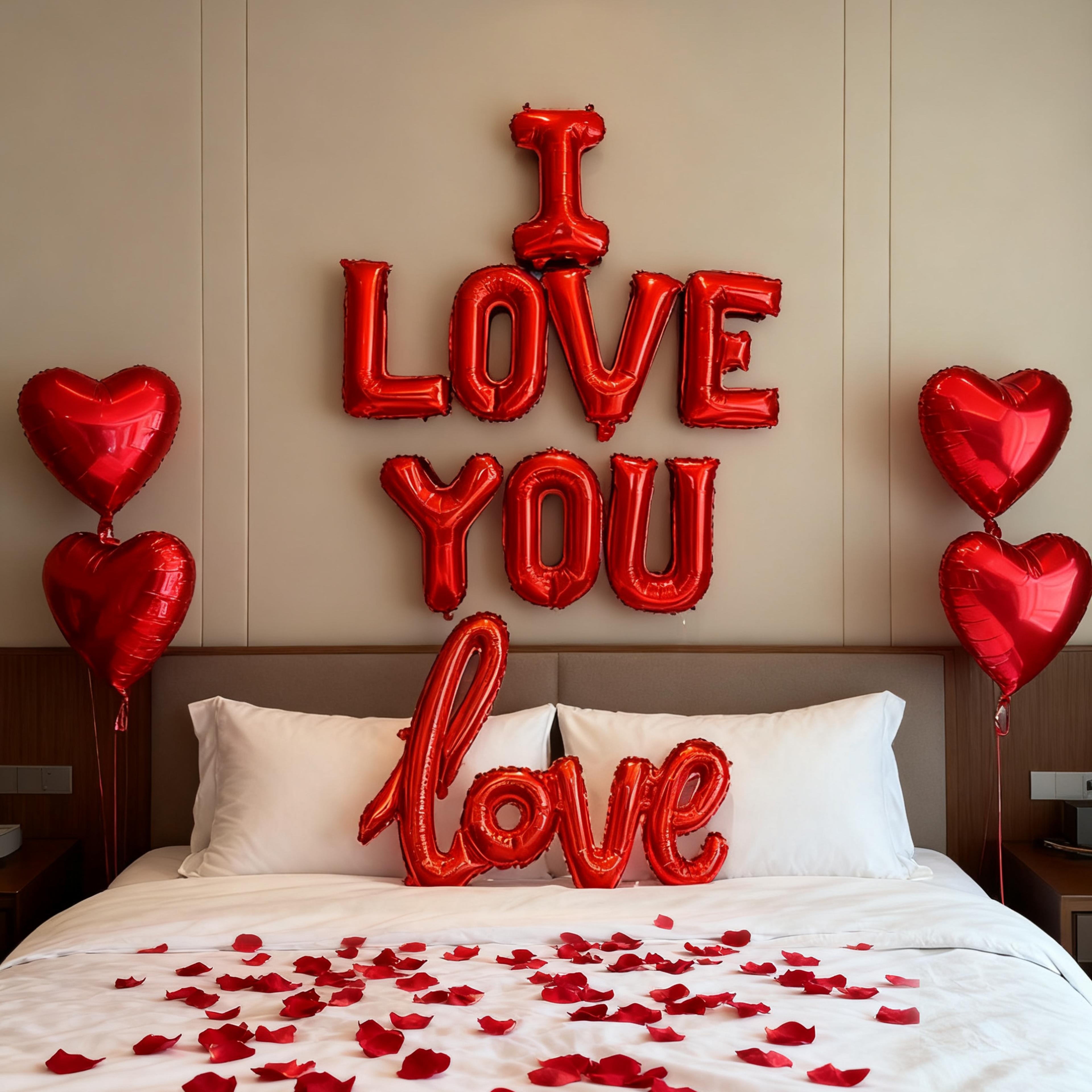 i love you heart balloon set with red simulated petals for romantic decorations