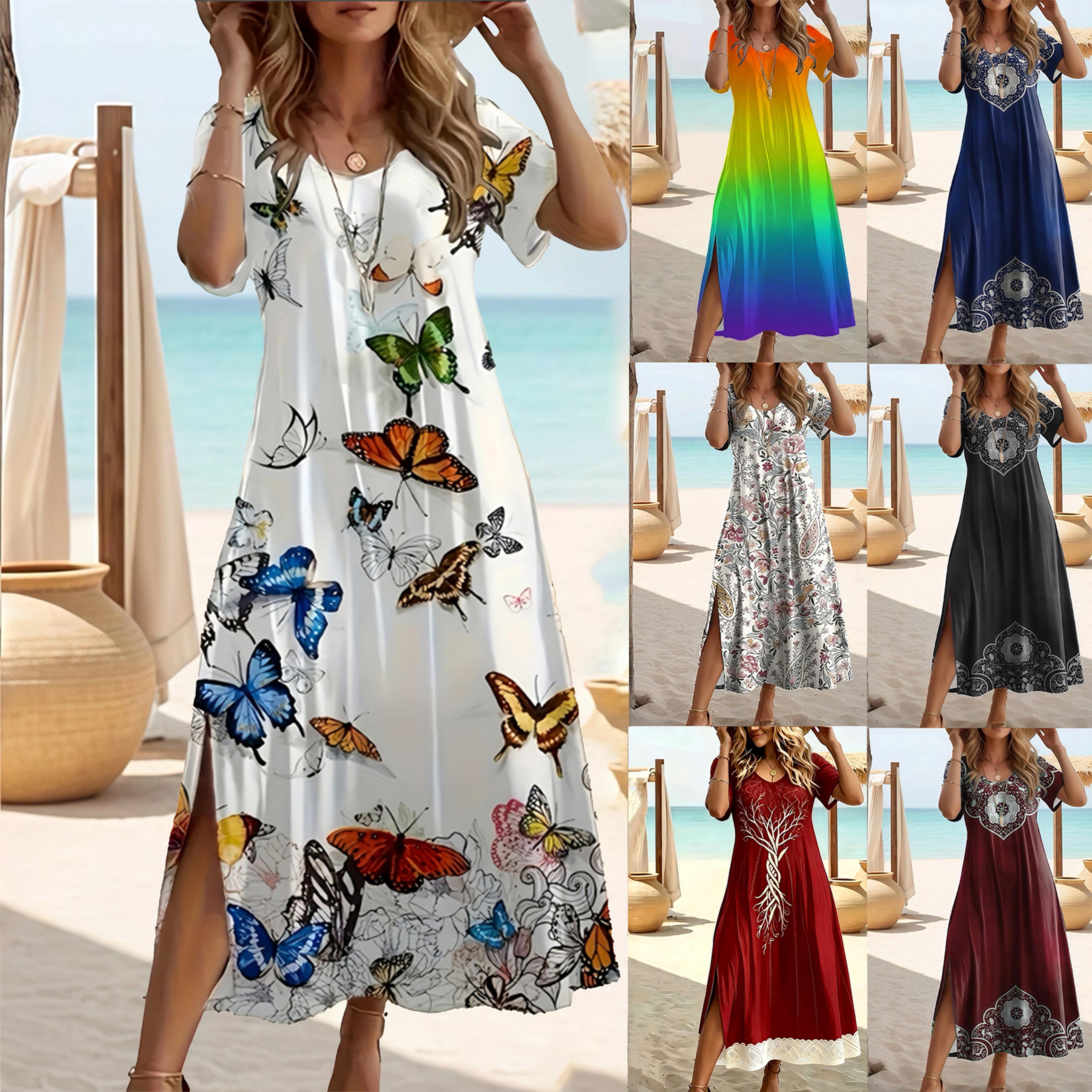 plus size butterfly print v neck summer dress with short sleeves and split hem