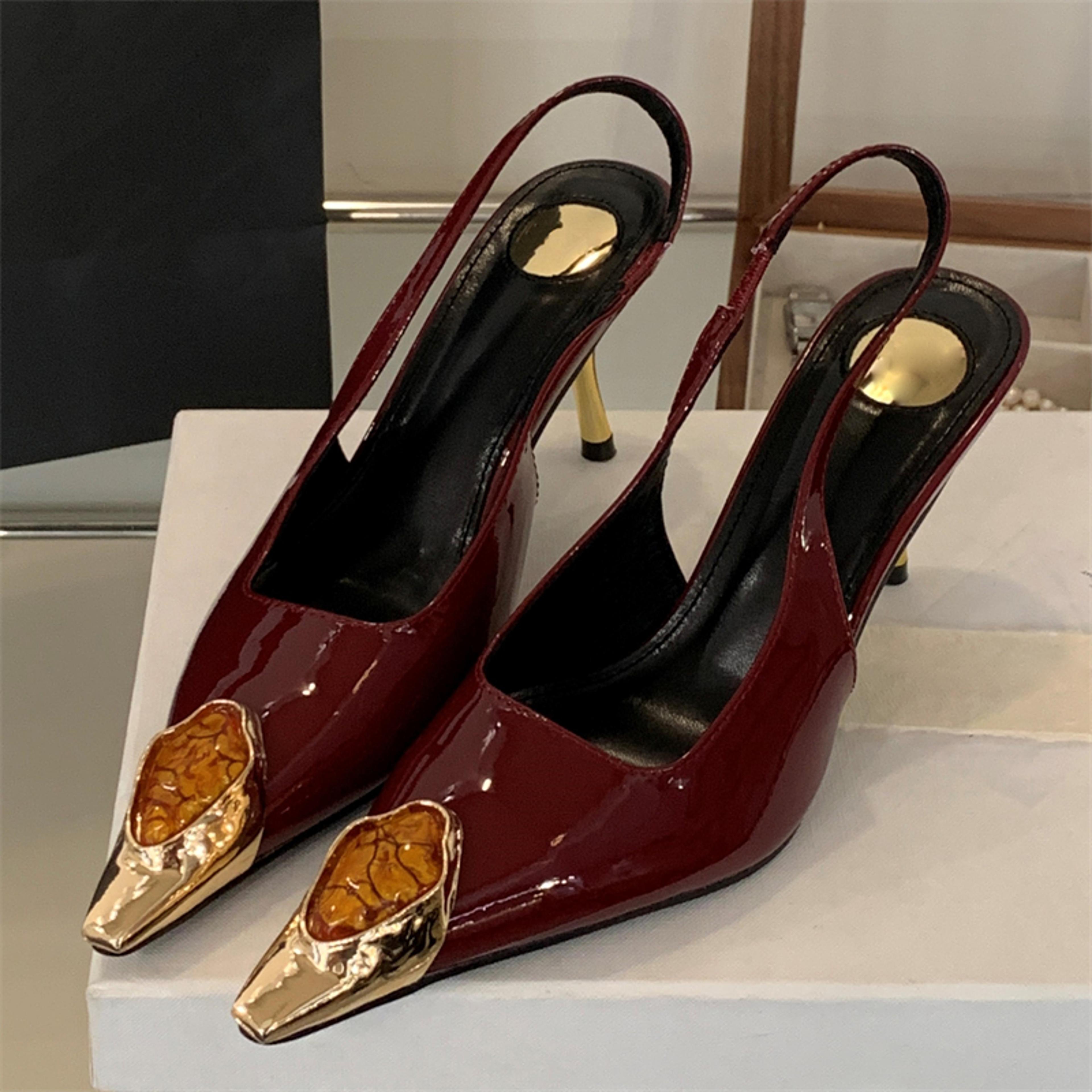 womens pointed toe slingback pumps with thin heels and buckle strap