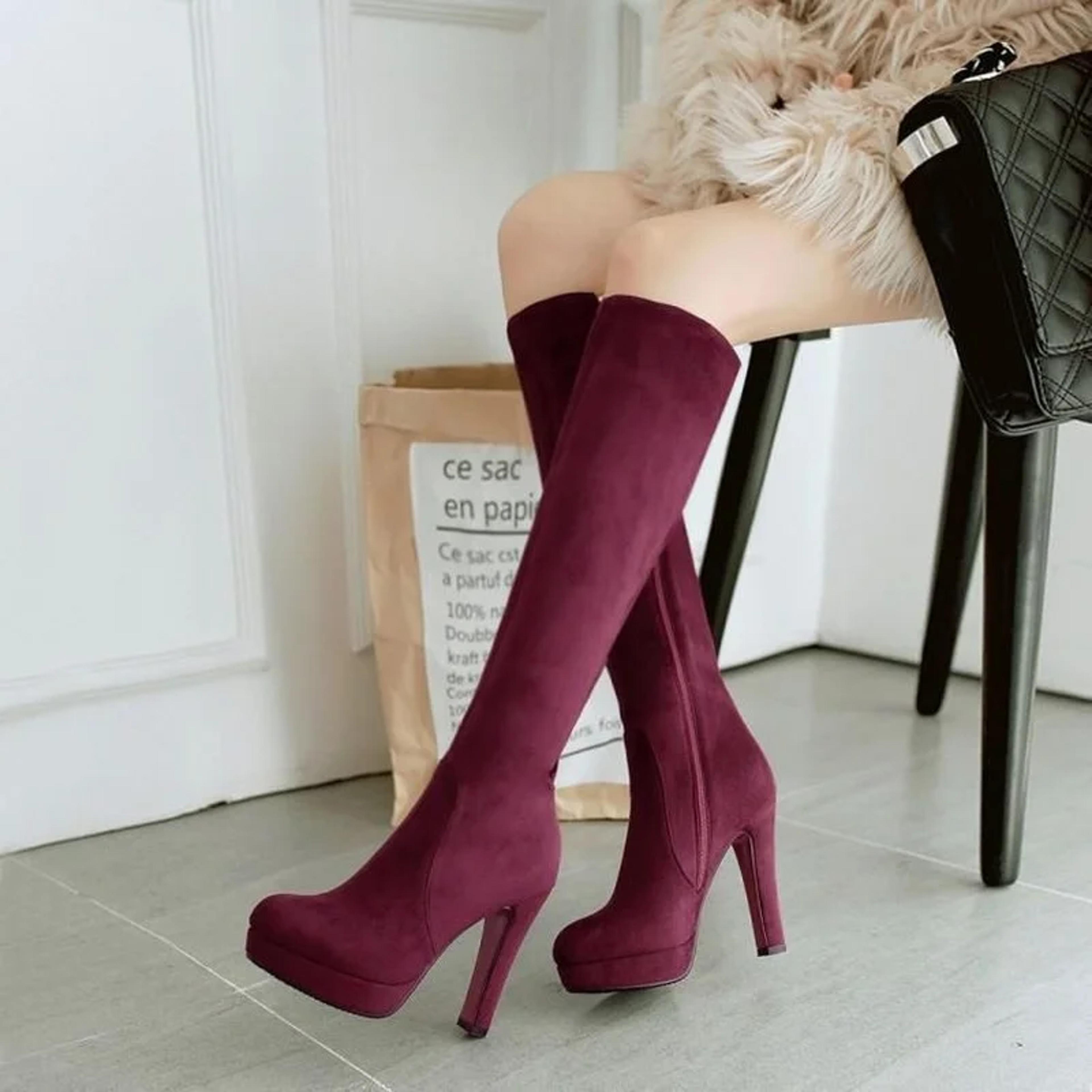 womens knee high platform boots with square heels and zipper closure