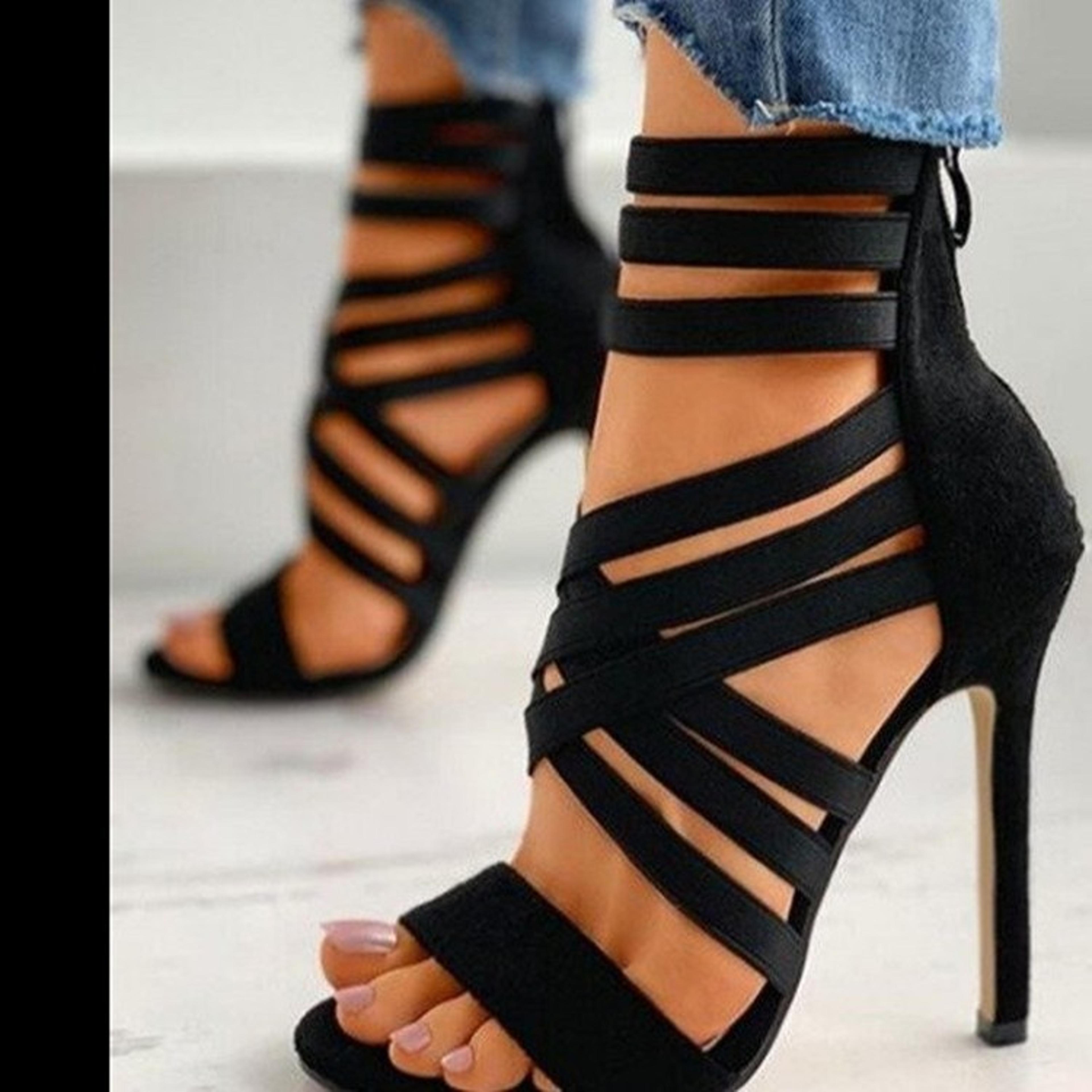 womens high heel sandals with cross elastic straps and back zipper