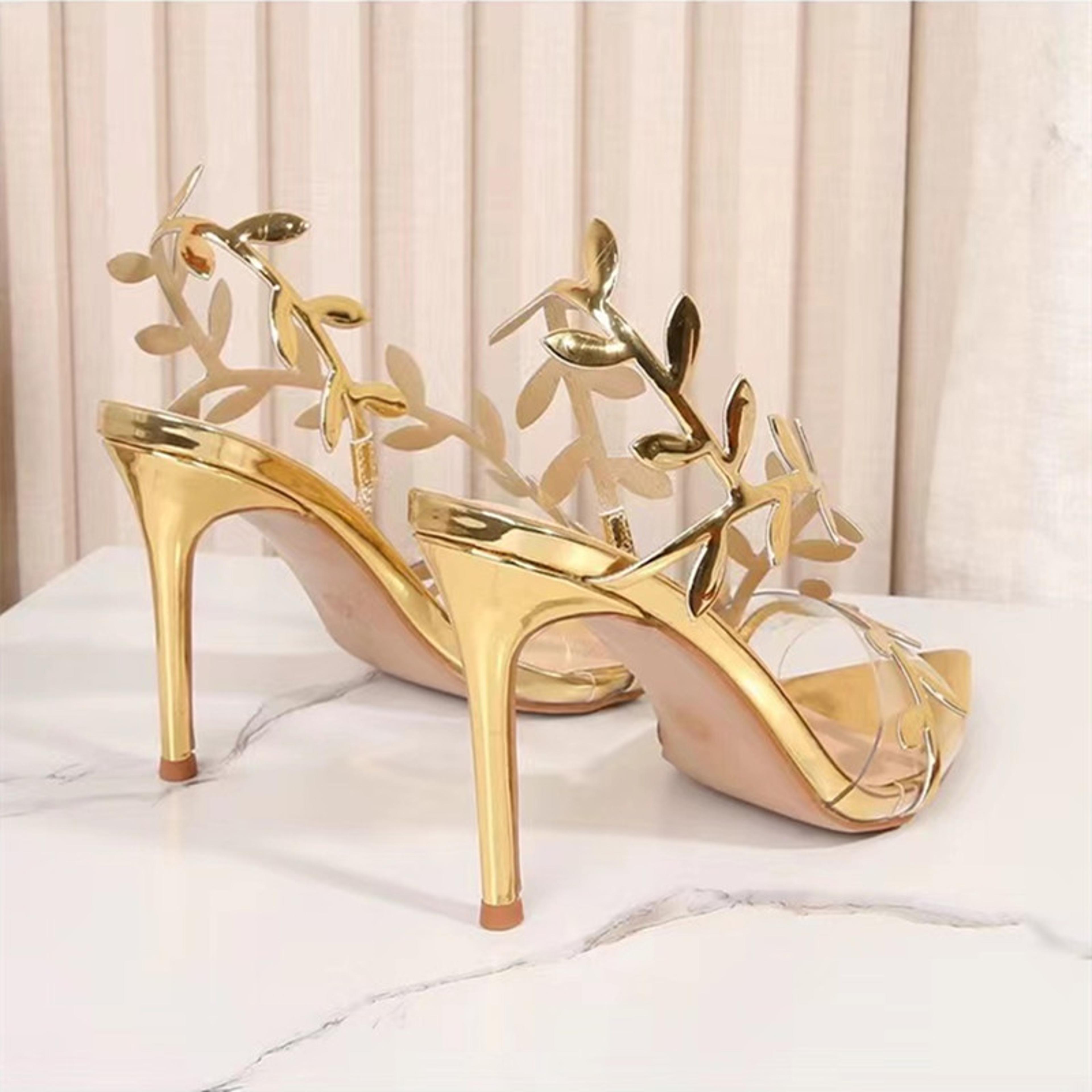 Womens Gold Gladiator High Heel Sandals With Pointed Toe And Back Strap 5