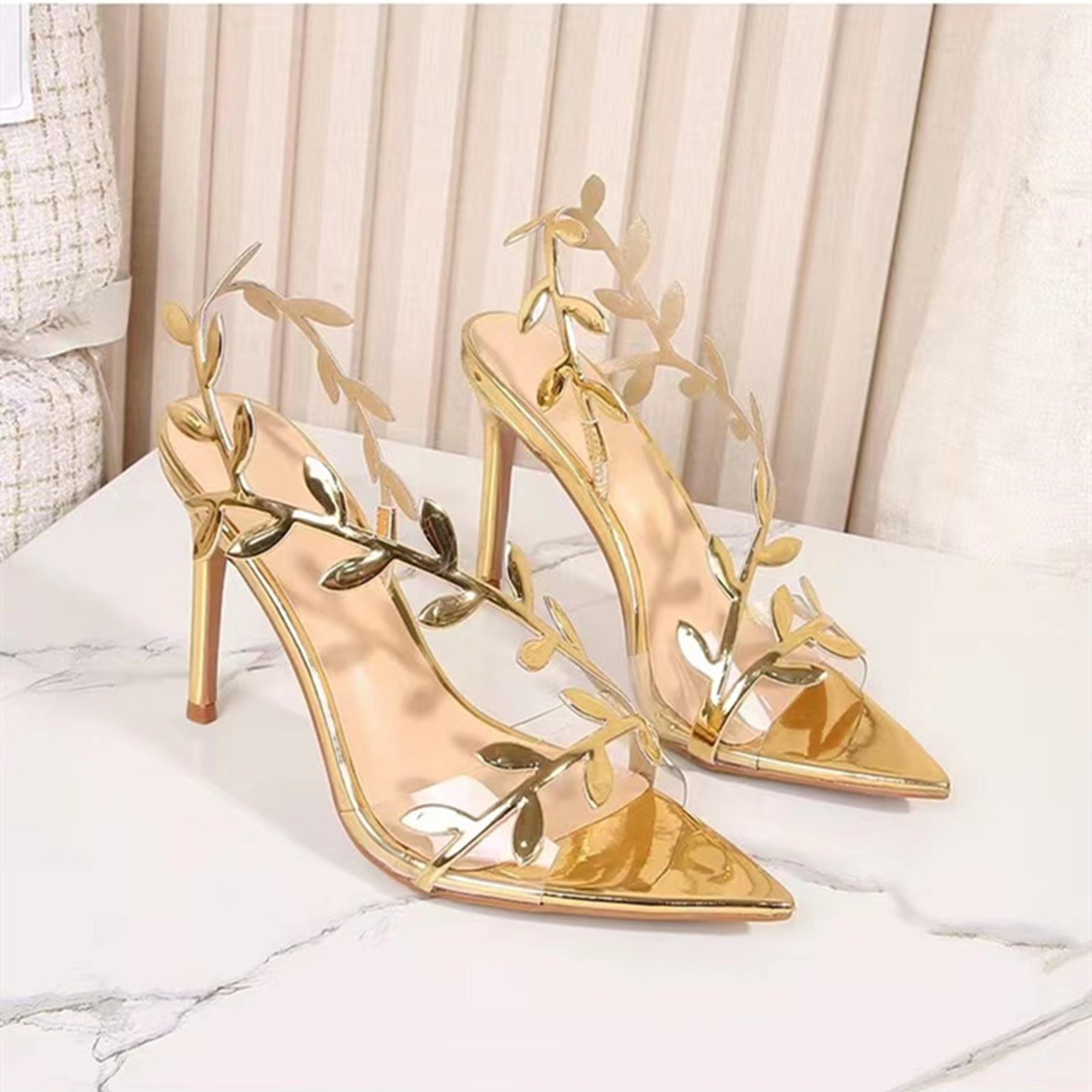 Womens Gold Gladiator High Heel Sandals With Pointed Toe And Back Strap 3
