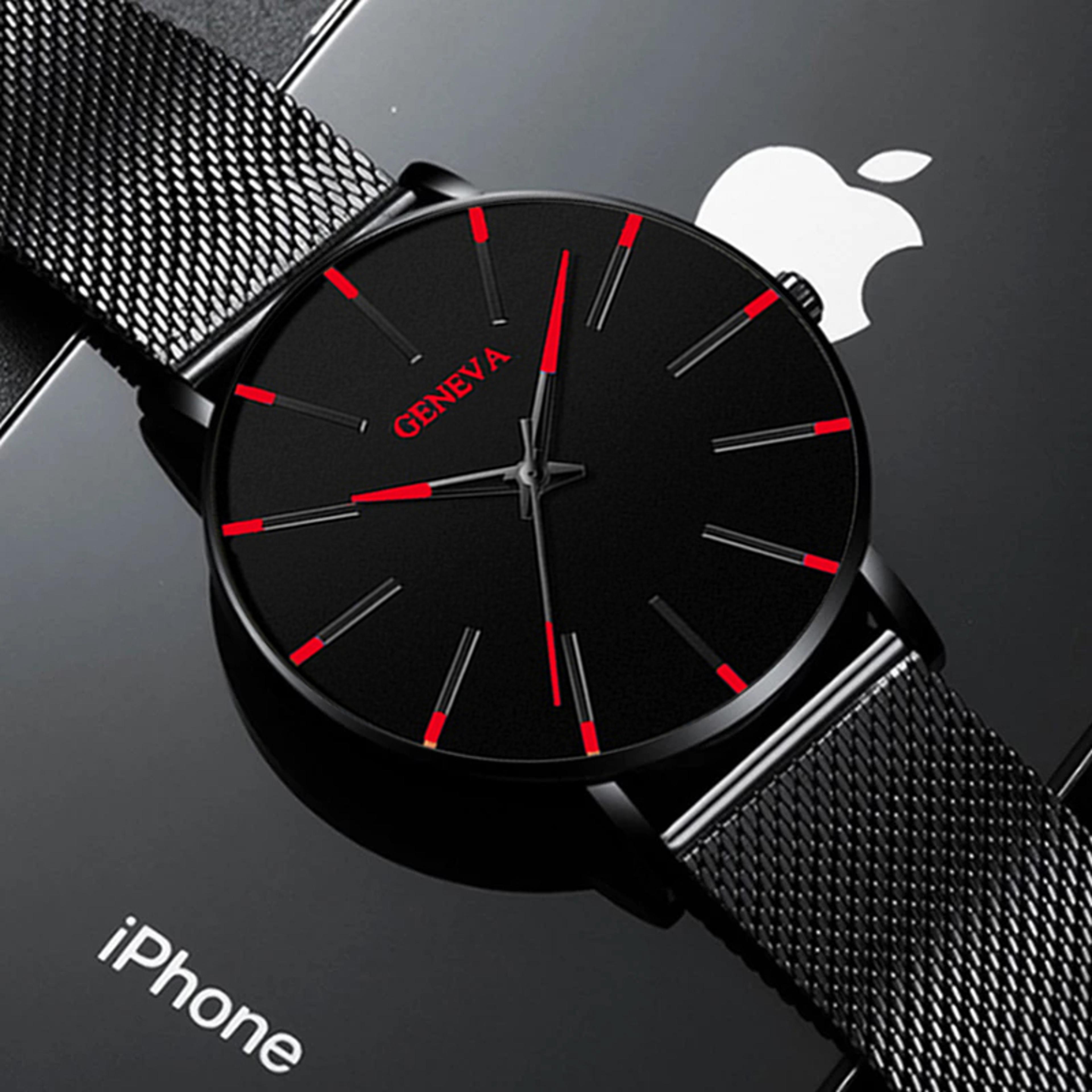 mens minimalist quartz watch with stainless steel mesh band and slim round case