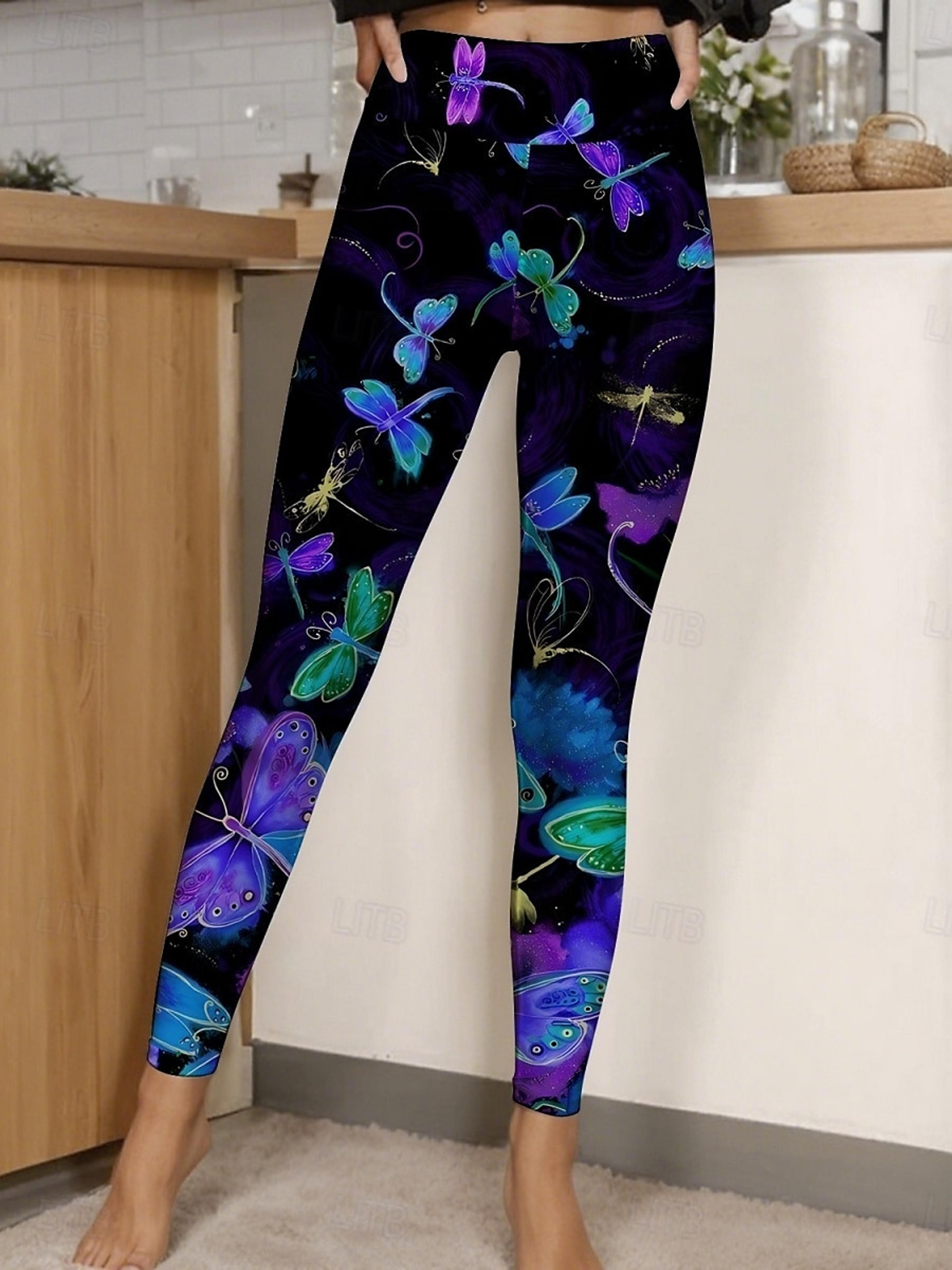 Womens Butterfly Print Fleece Leggings With Stretch Mid Rise Waist 5