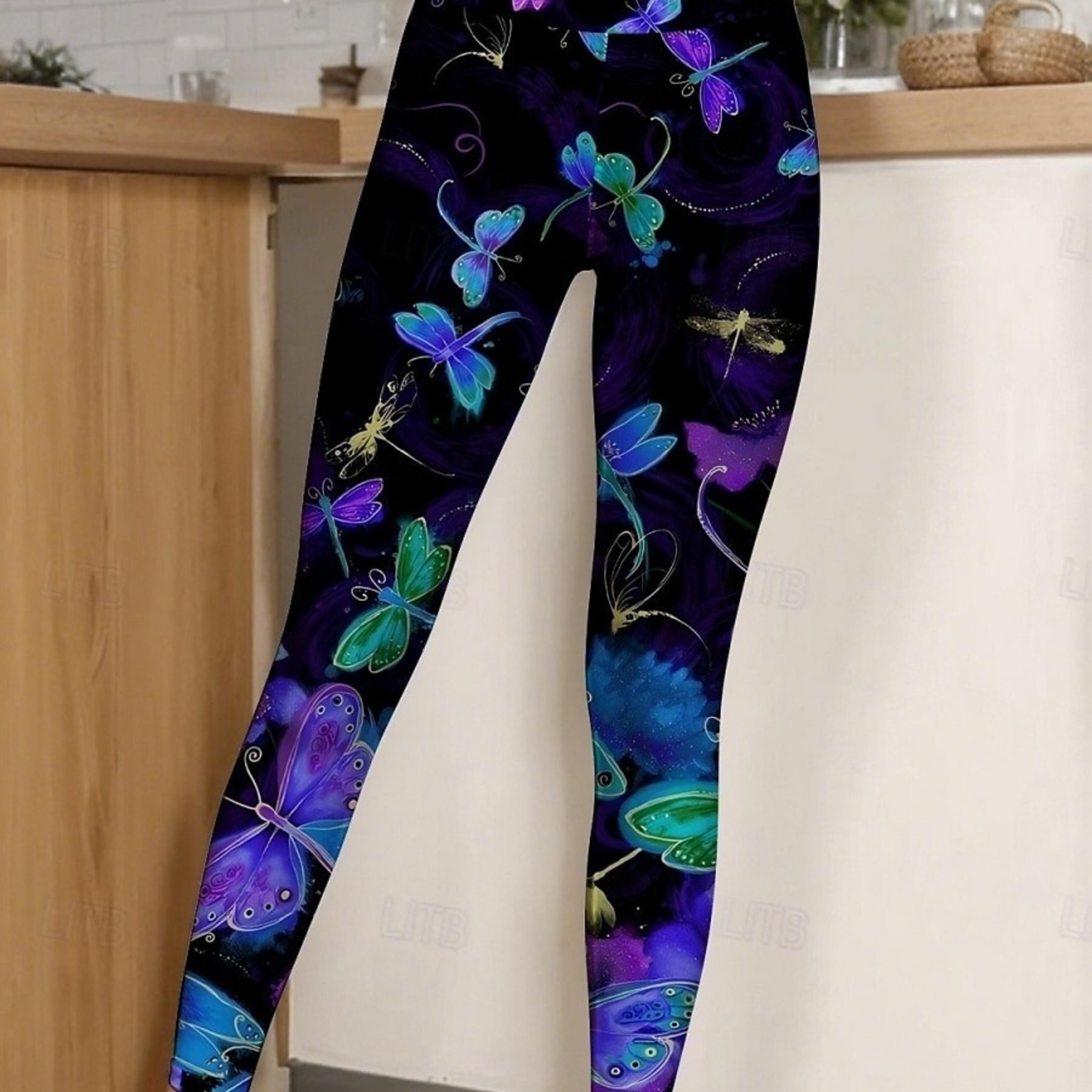 Womens Butterfly Print Fleece Leggings with Stretch Mid Rise Waistjpg
