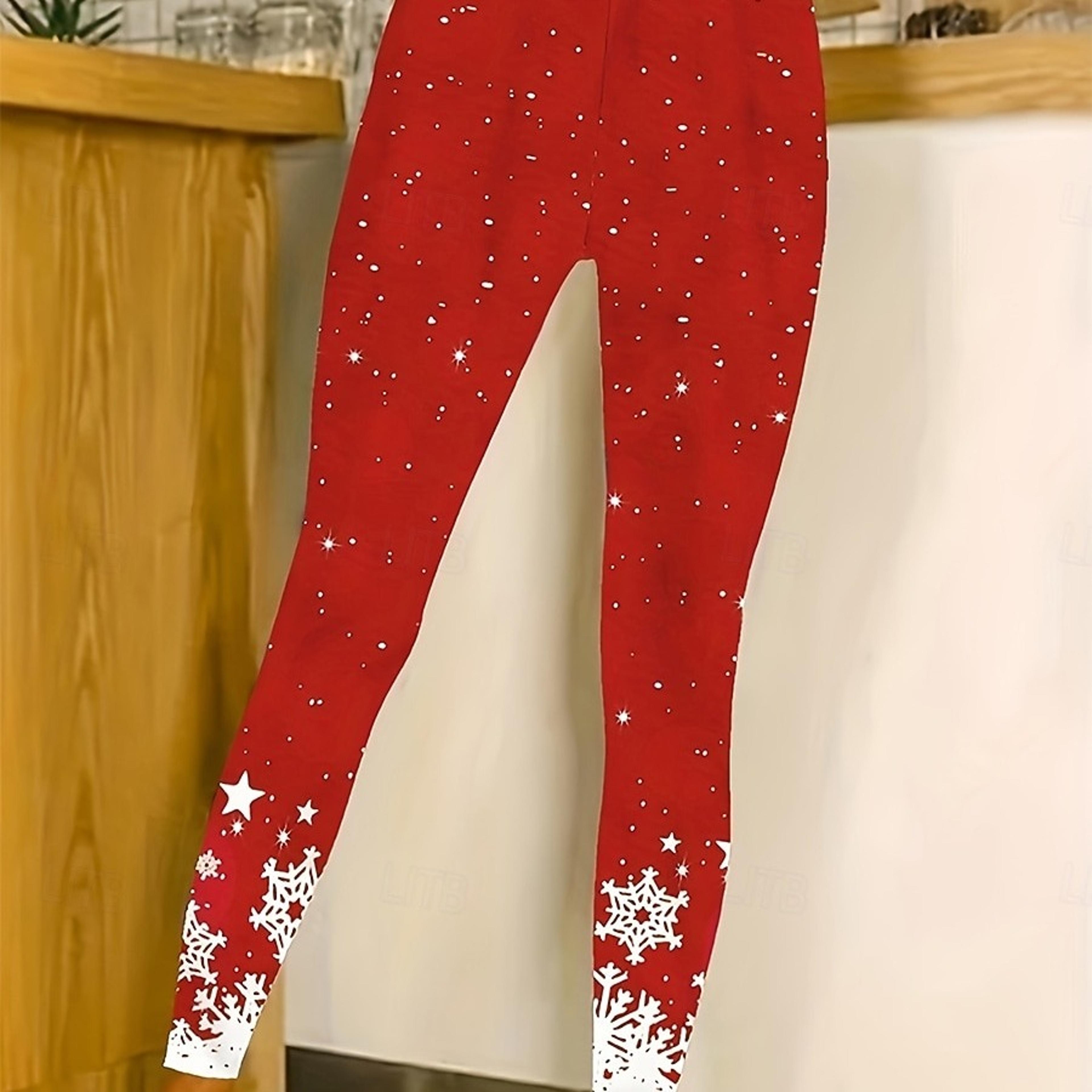 Womens Christmas Snowflake Print Fleece Leggings with Stretch Elastic Waistjpg