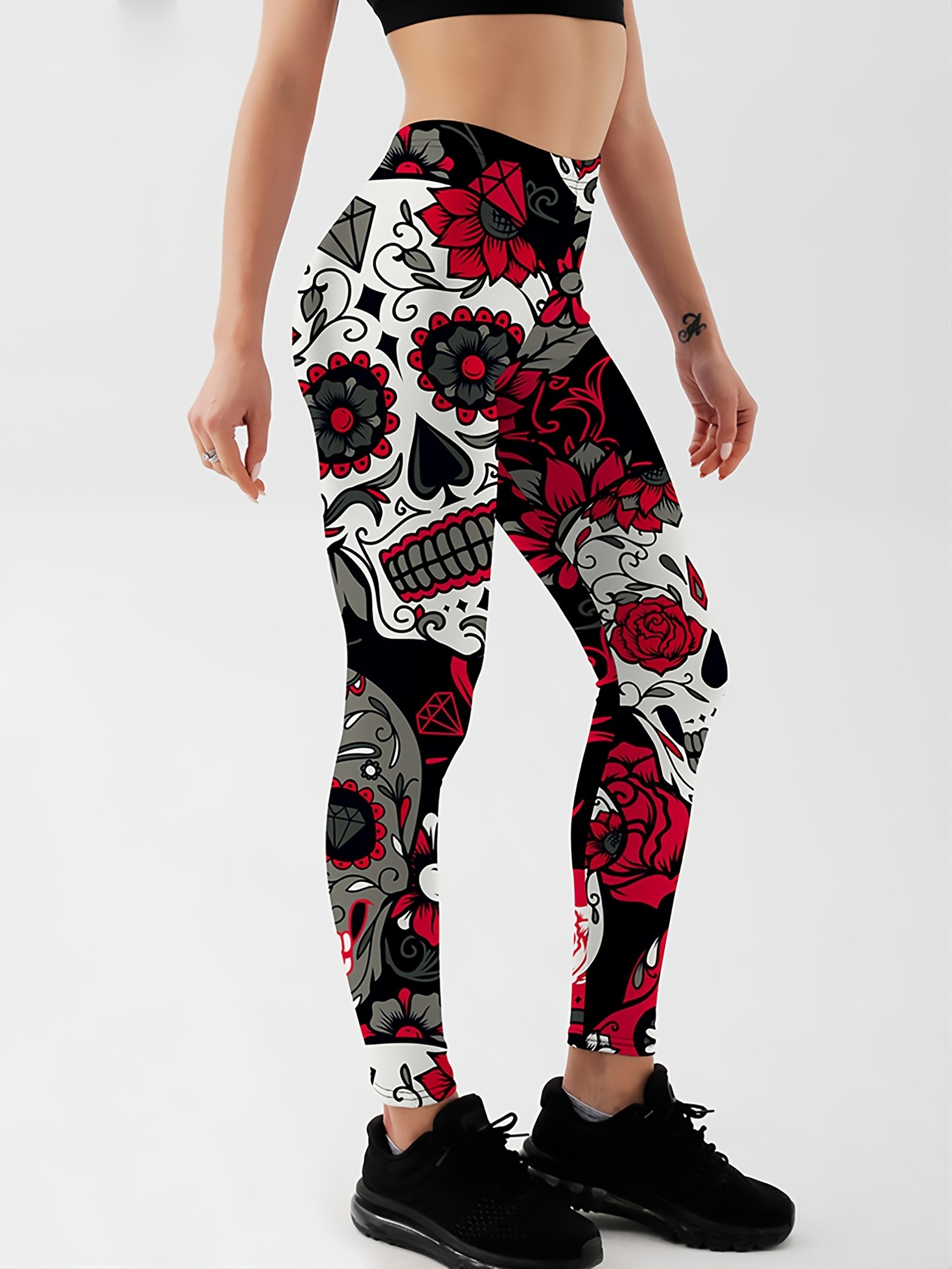womens colorful skull print leggings stretch mid calf casual workout pants