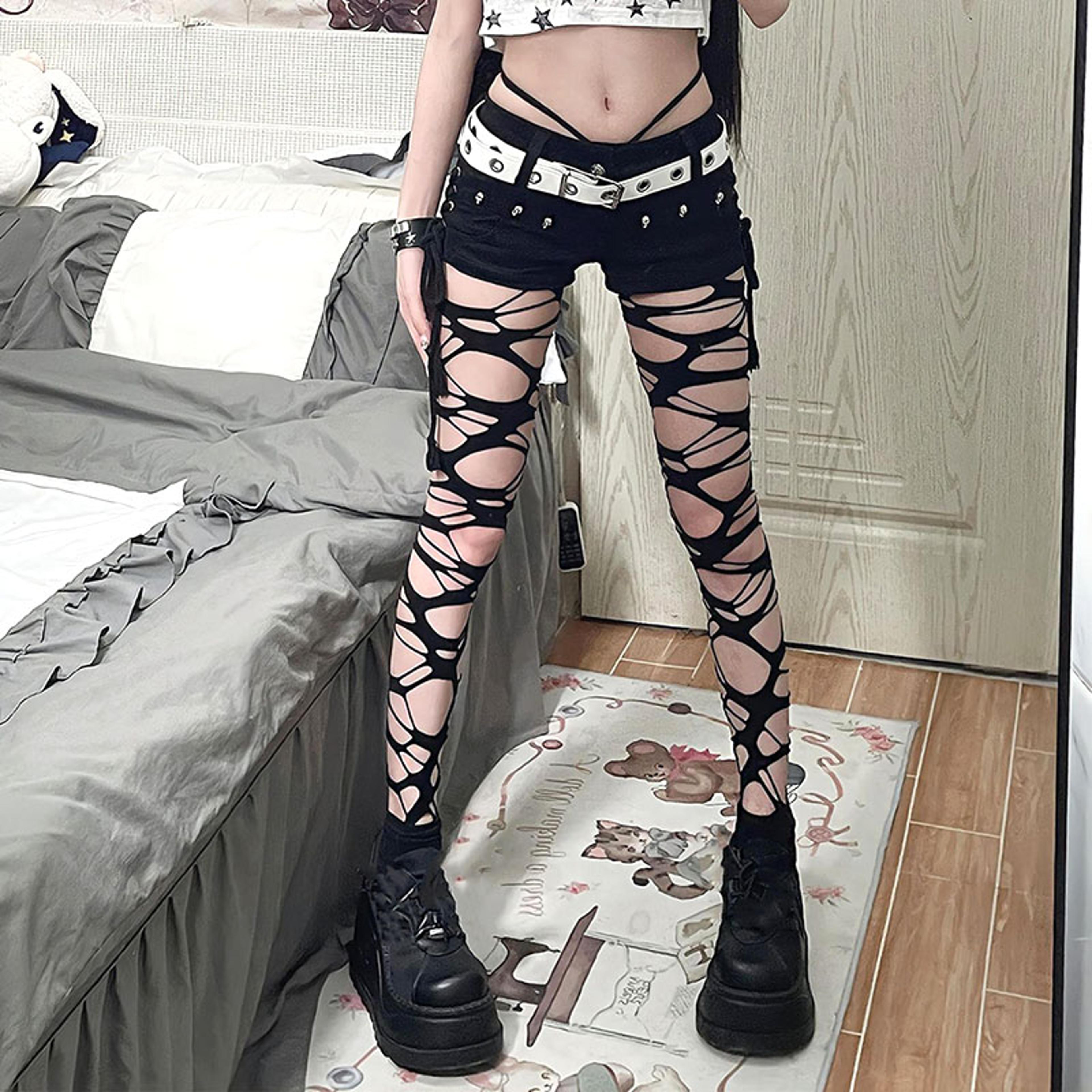 womens black ripped fishnet tights high waist gothic punk mesh leggings