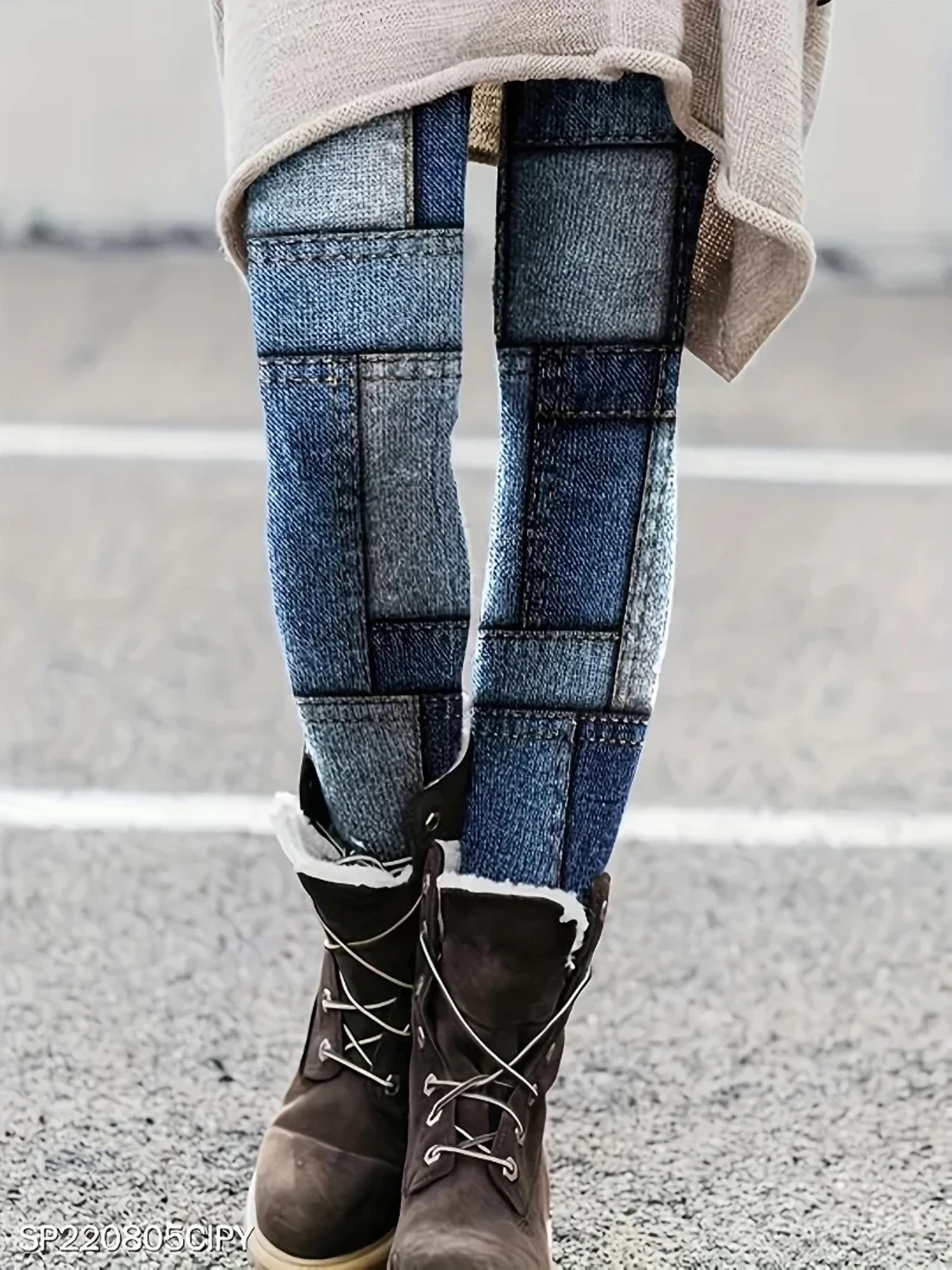 womens plus size plaid print leggings with mid rise waist and denim look
