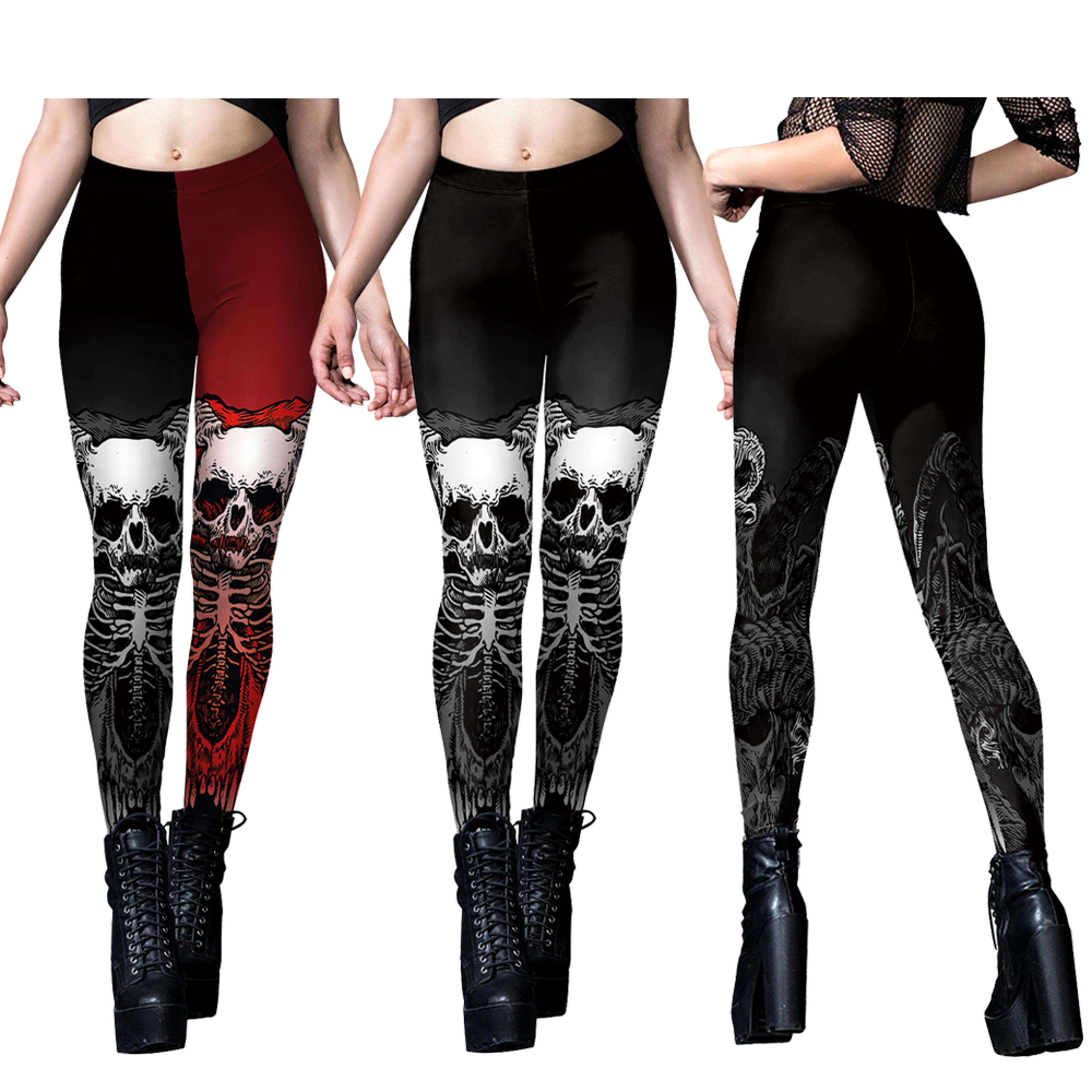 womens gothic skeleton print leggings stretchy ankle length halloween pants